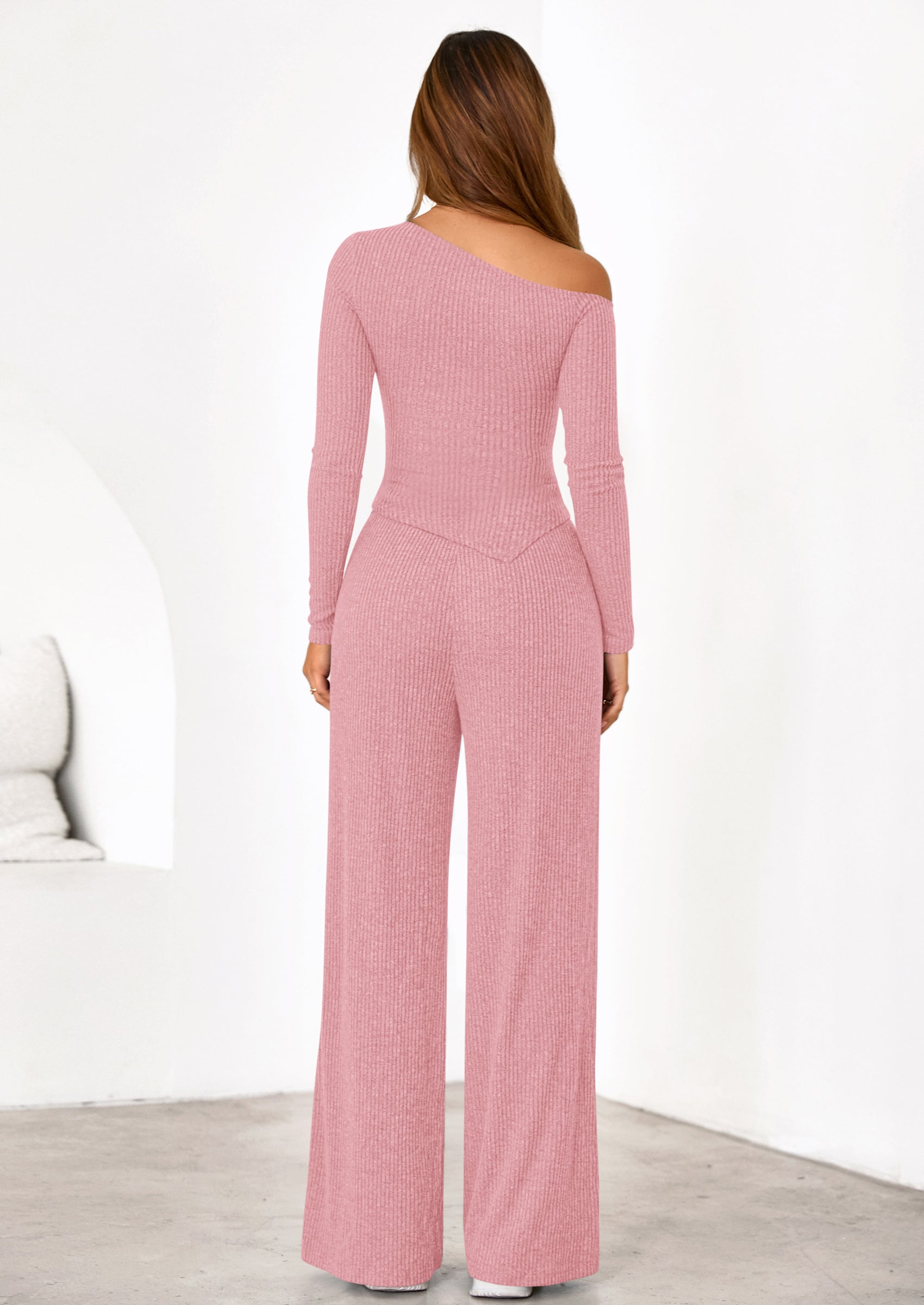 Casual Two Piece Sets for Women Fall Outfits Asymmetrical Off Shoulder Tops Wide Leg Pants Knit Lounge Set