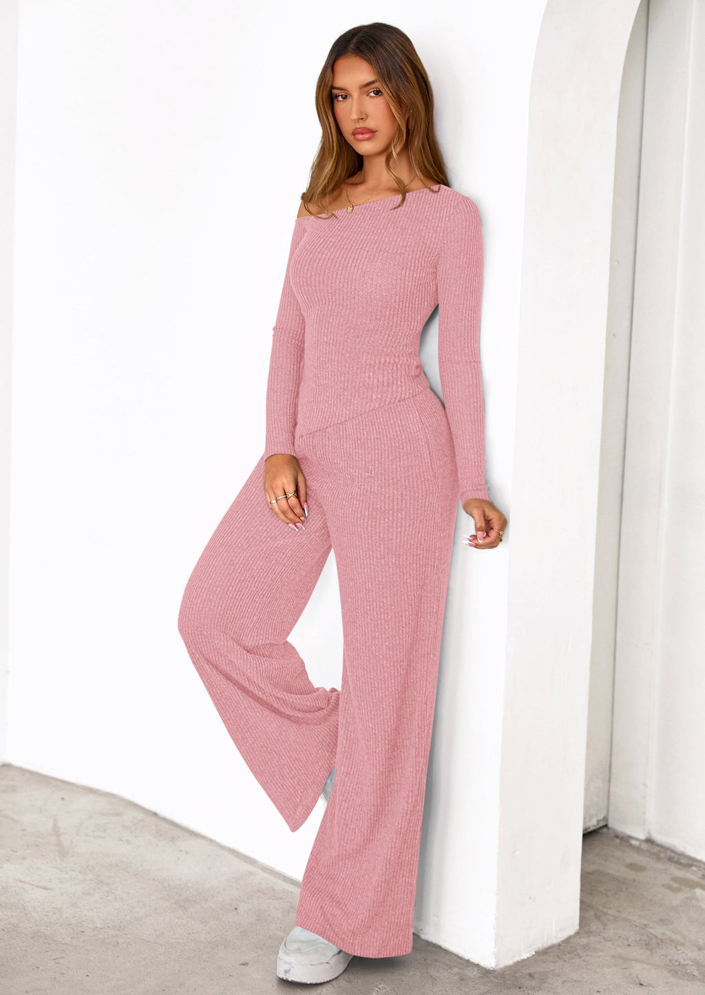Casual Two Piece Sets for Women Fall Outfits Asymmetrical Off Shoulder Tops Wide Leg Pants Knit Lounge Set