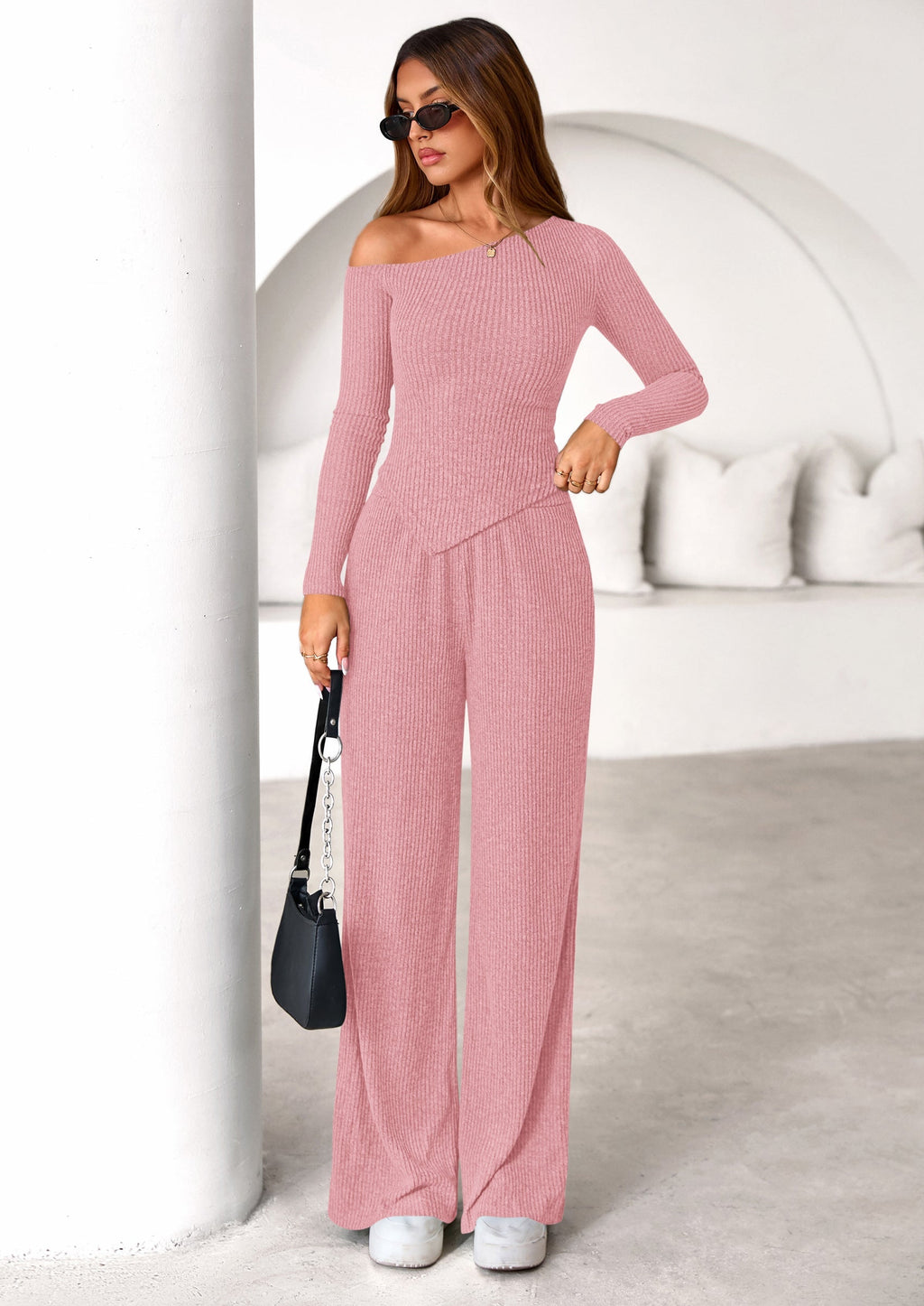 Casual Two Piece Sets for Women Fall Outfits Asymmetrical Off Shoulder Tops Wide Leg Pants Knit Lounge Set