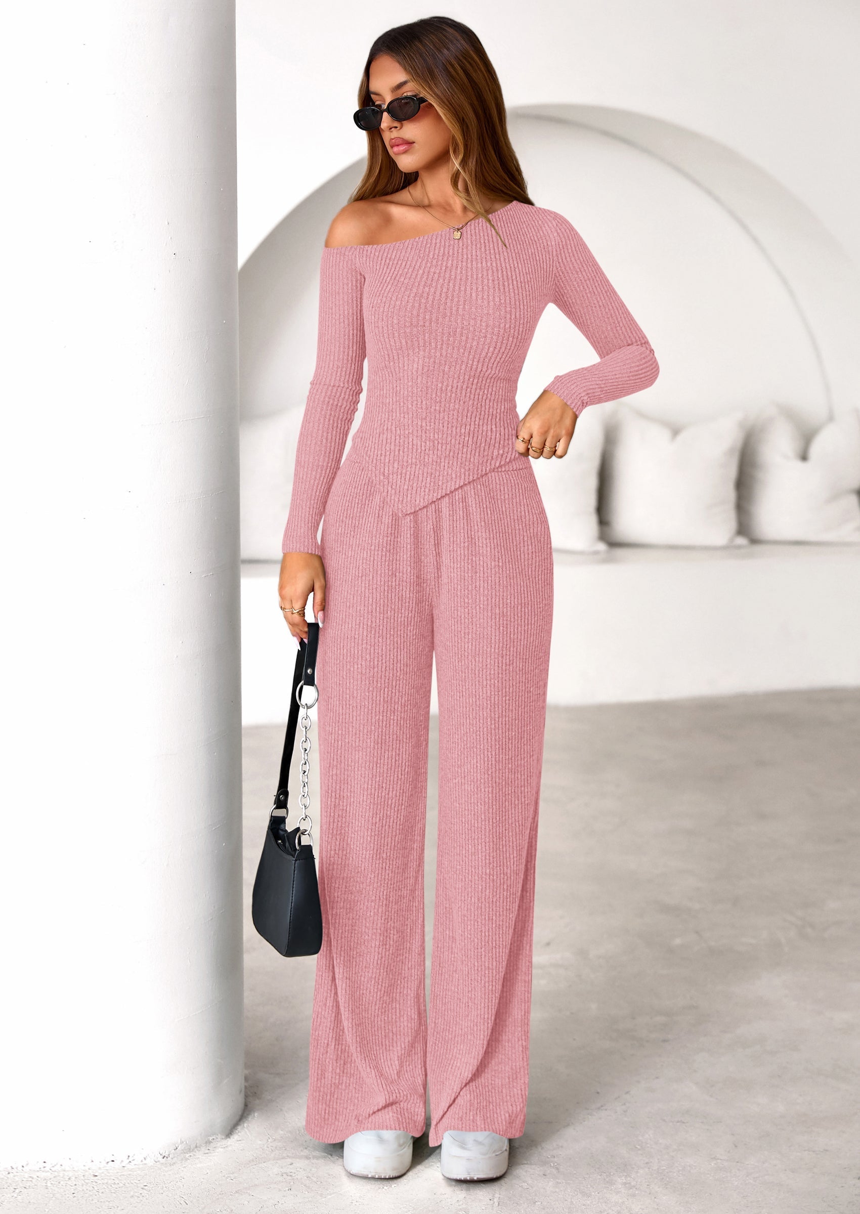 Casual Two Piece Sets for Women Fall Outfits Asymmetrical Off Shoulder Tops Wide Leg Pants Knit Lounge Set