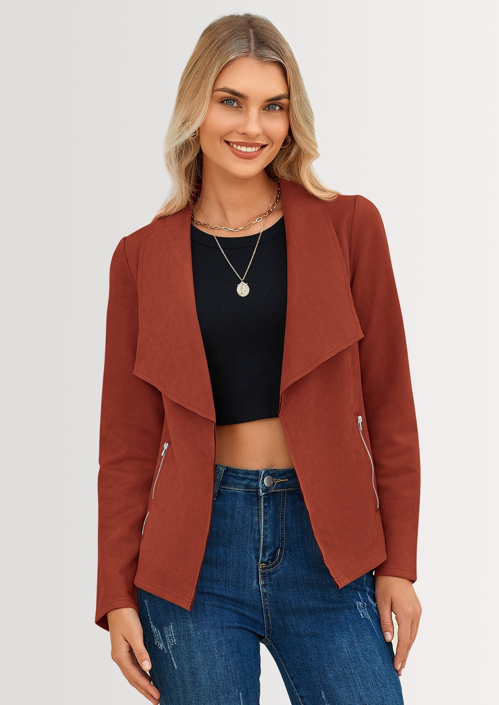 Women's Faux Suede Jackets Fashion Fall Clothes Long Sleeve Open Front Cropped Coat Outwear