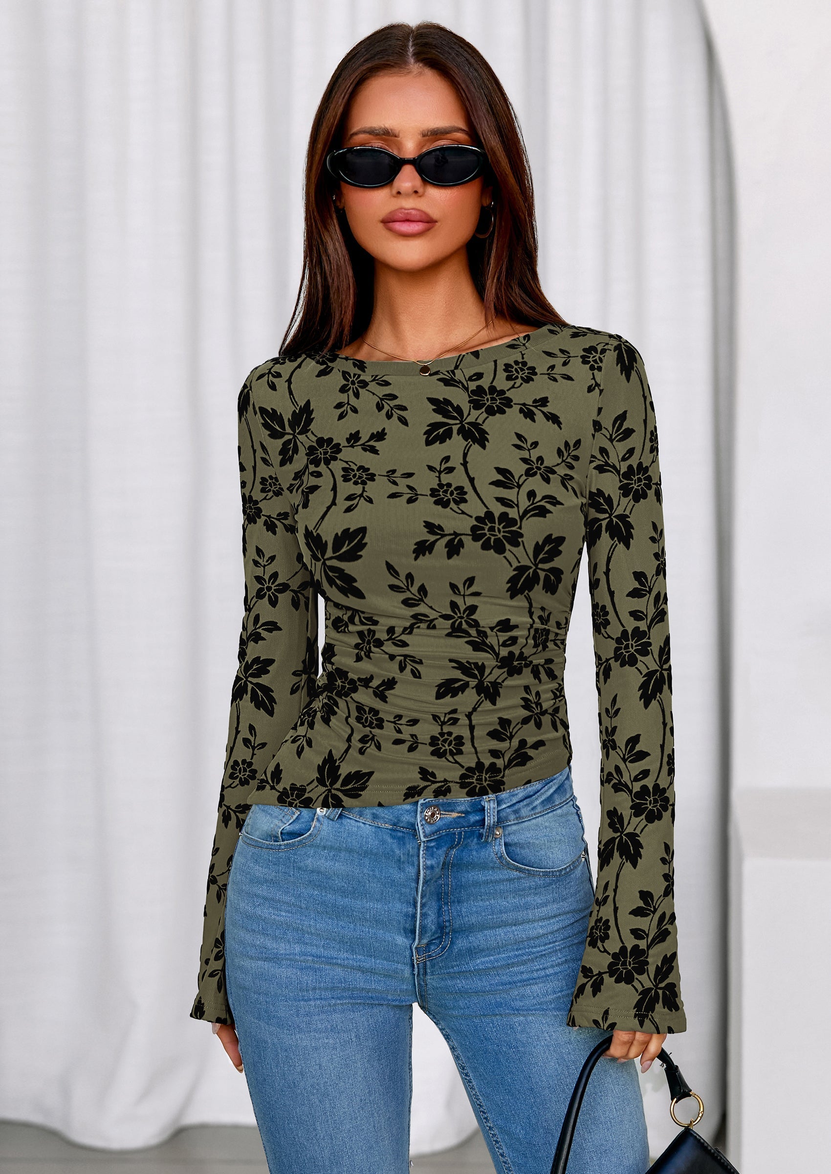 Women Long Sleeve Floral Mesh Tops Blouse  Fall Trendy Boat Neck Ruched Fitted Shirt Going Out Date Outfits