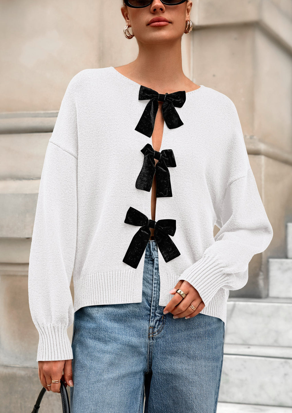 Cardigan Sweaters for Women Fall Bow Tie Front Long Sleeve Knit Sweater Tops Cute Going Out Outfits