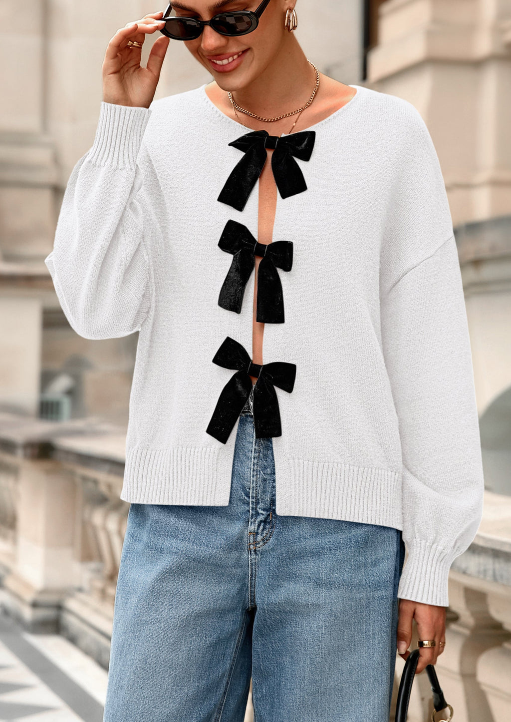 Cardigan Sweaters for Women Fall Bow Tie Front Long Sleeve Knit Sweater Tops Cute Going Out Outfits