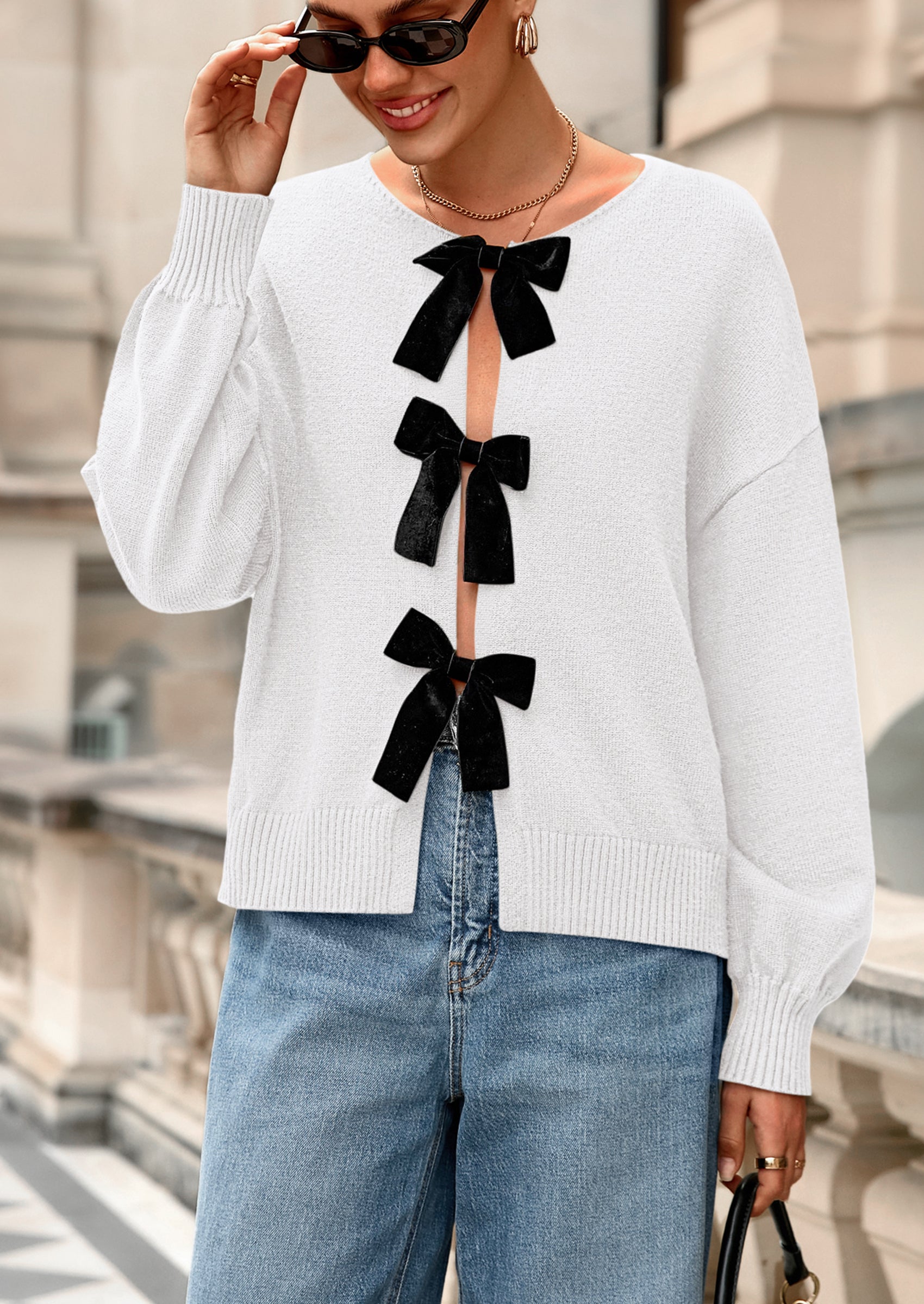 Cardigan Sweaters for Women Fall Bow Tie Front Long Sleeve Knit Sweater Tops Cute Going Out Outfits