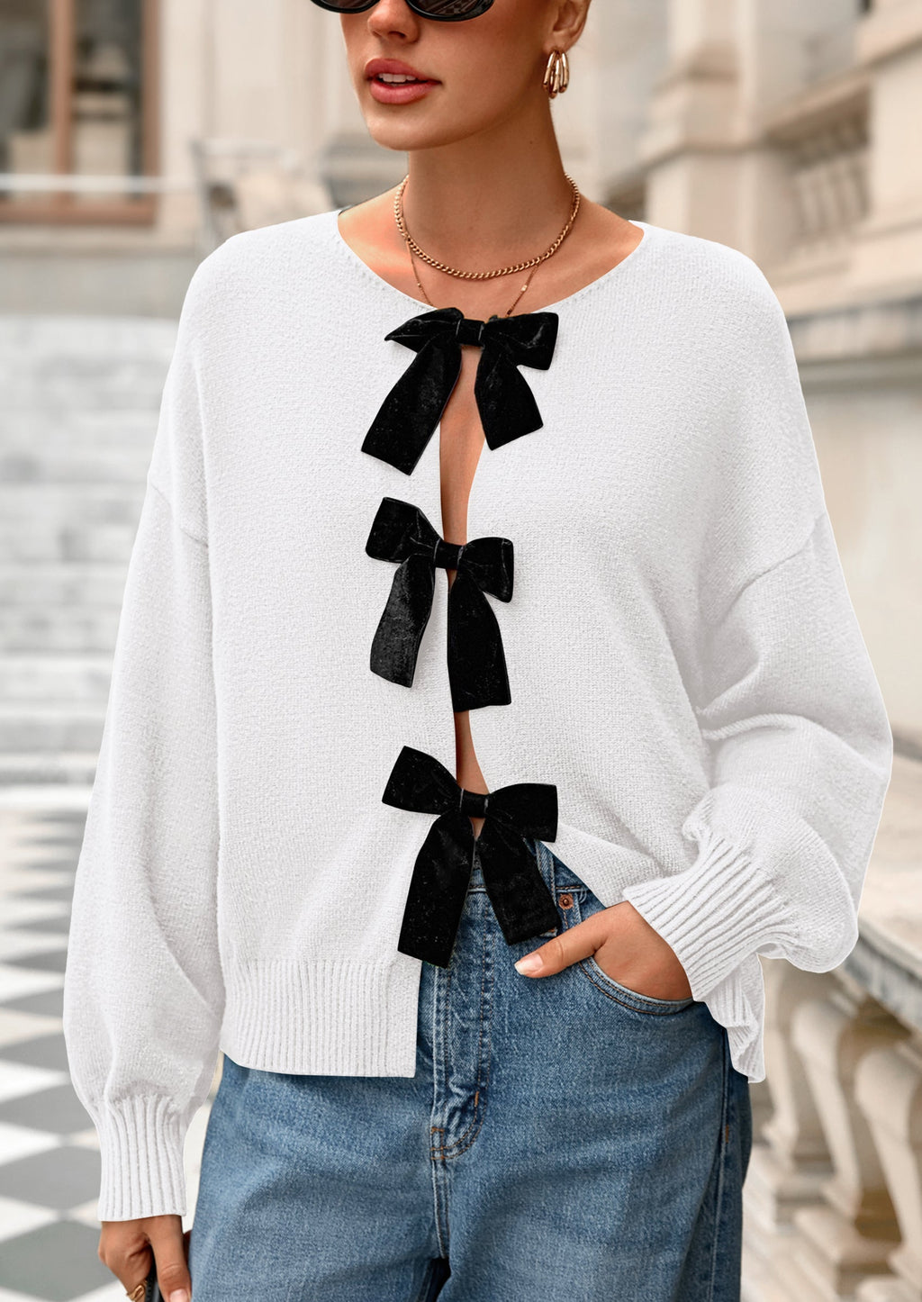 Cardigan Sweaters for Women Fall Bow Tie Front Long Sleeve Knit Sweater Tops Cute Going Out Outfits