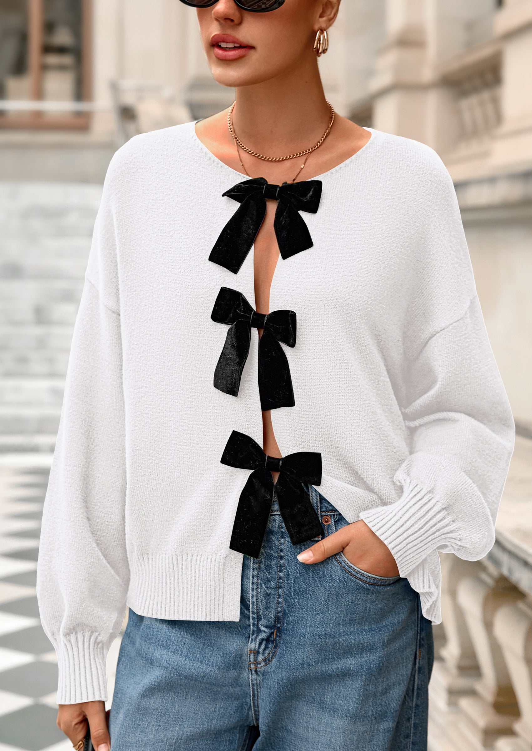 Cardigan Sweaters for Women Fall Bow Tie Front Long Sleeve Knit Sweater Tops Cute Going Out Outfits