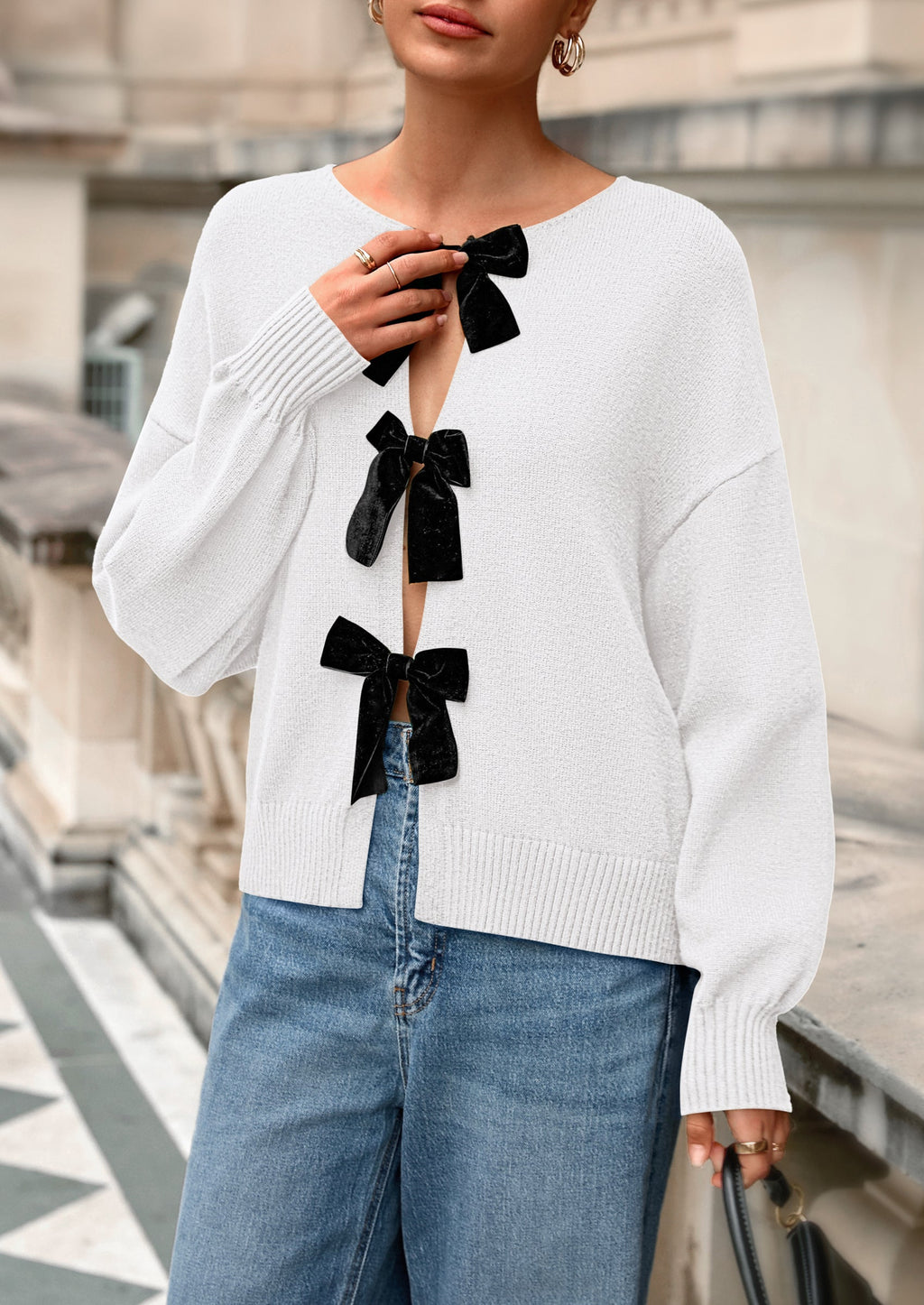 Cardigan Sweaters for Women Fall Bow Tie Front Long Sleeve Knit Sweater Tops Cute Going Out Outfits