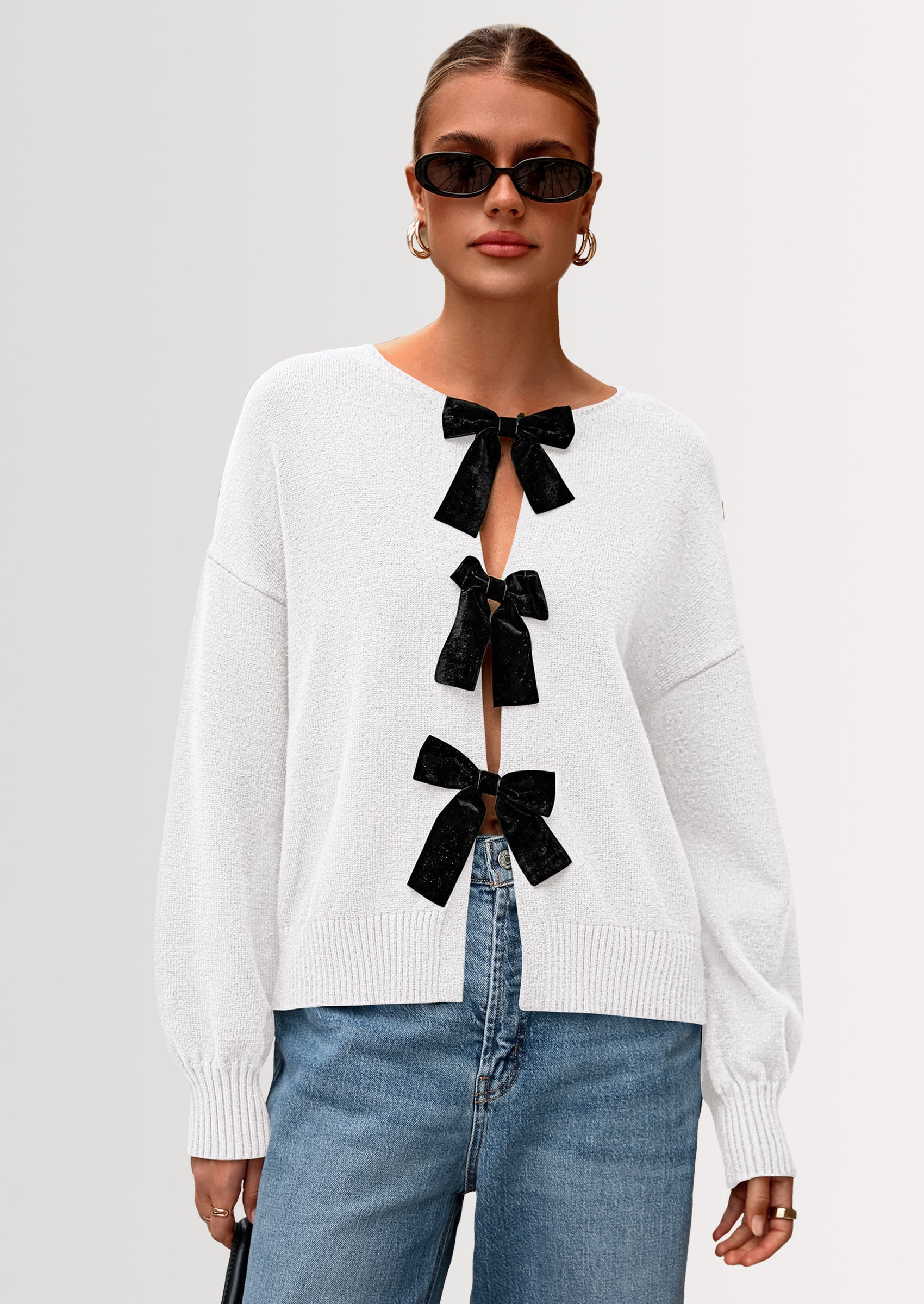 Cardigan Sweaters for Women Fall Bow Tie Front Long Sleeve Knit Sweater Tops Cute Going Out Outfits