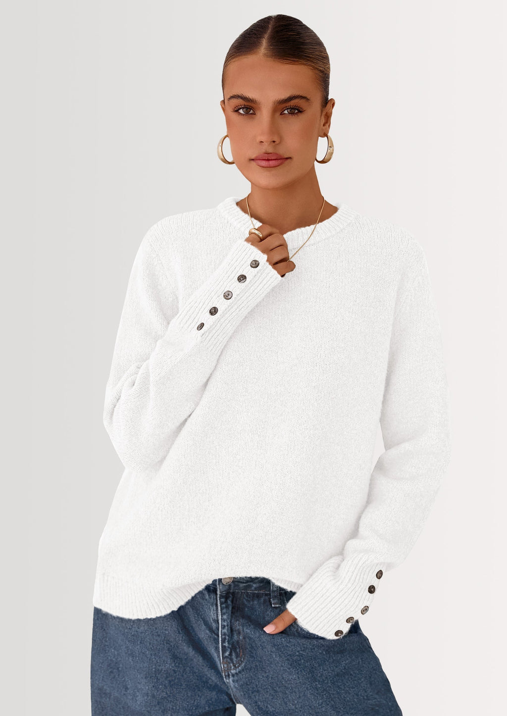 Womens Sweaters Fall Fashion Casual Crewneck Pullover Button Long Sleeve Cute Knit Tops Winter Clothes