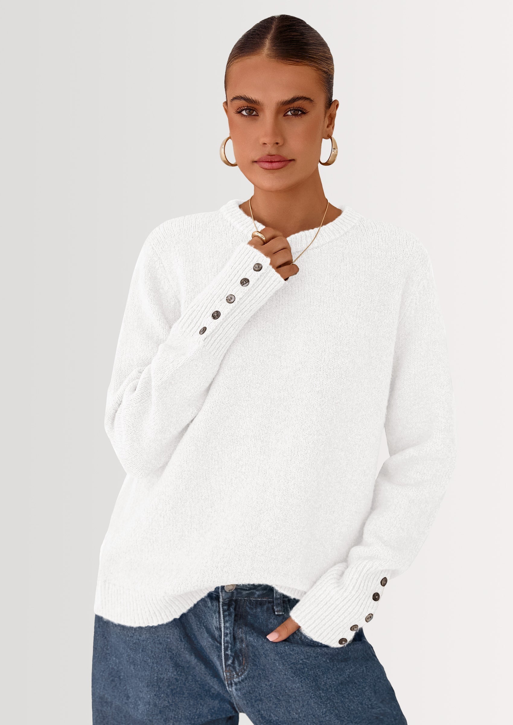 Womens Sweaters Fall Fashion Casual Crewneck Pullover Button Long Sleeve Cute Knit Tops Winter Clothes