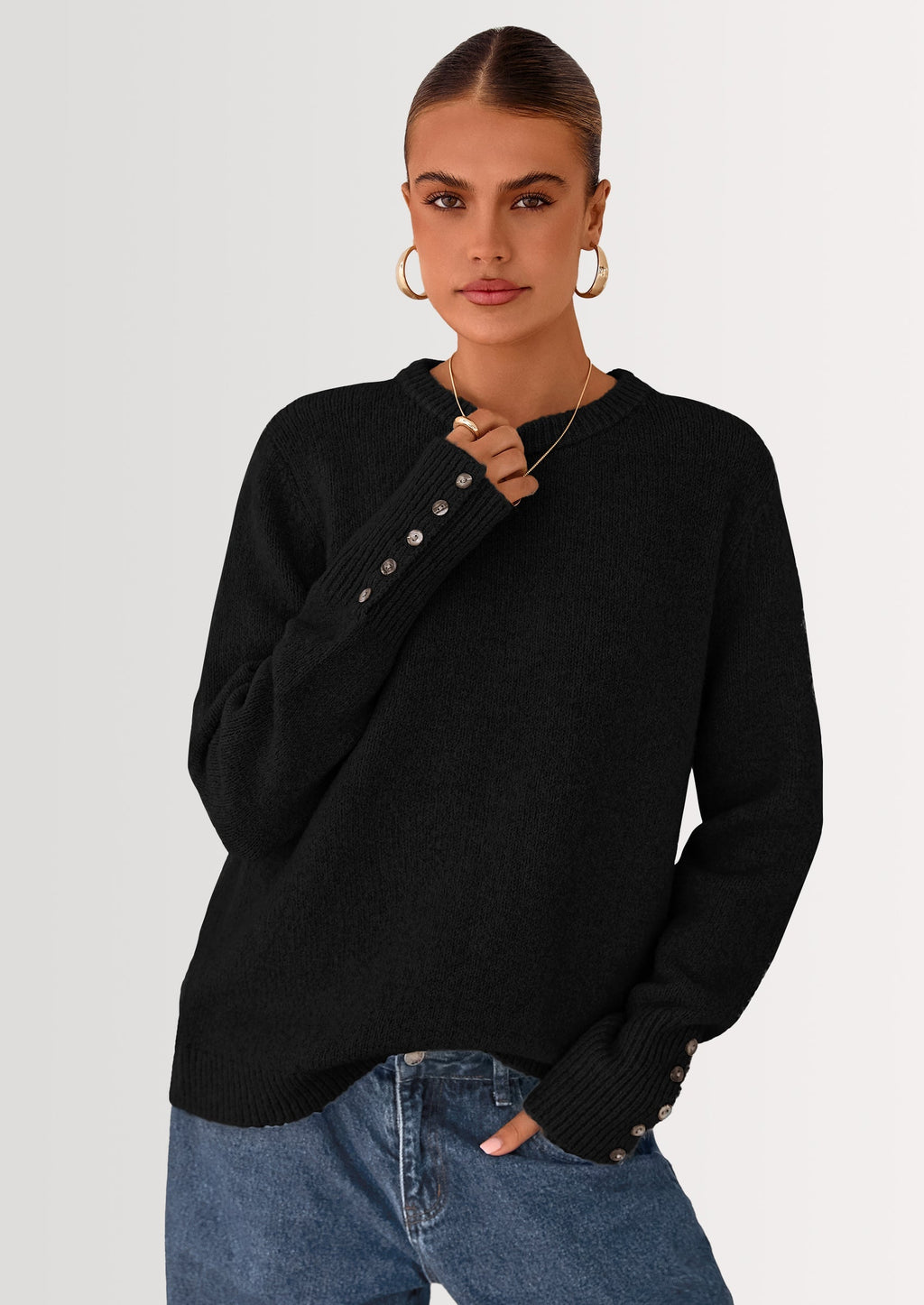 Womens Sweaters Fall Fashion Casual Crewneck Pullover Button Long Sleeve Cute Knit Tops Winter Clothes