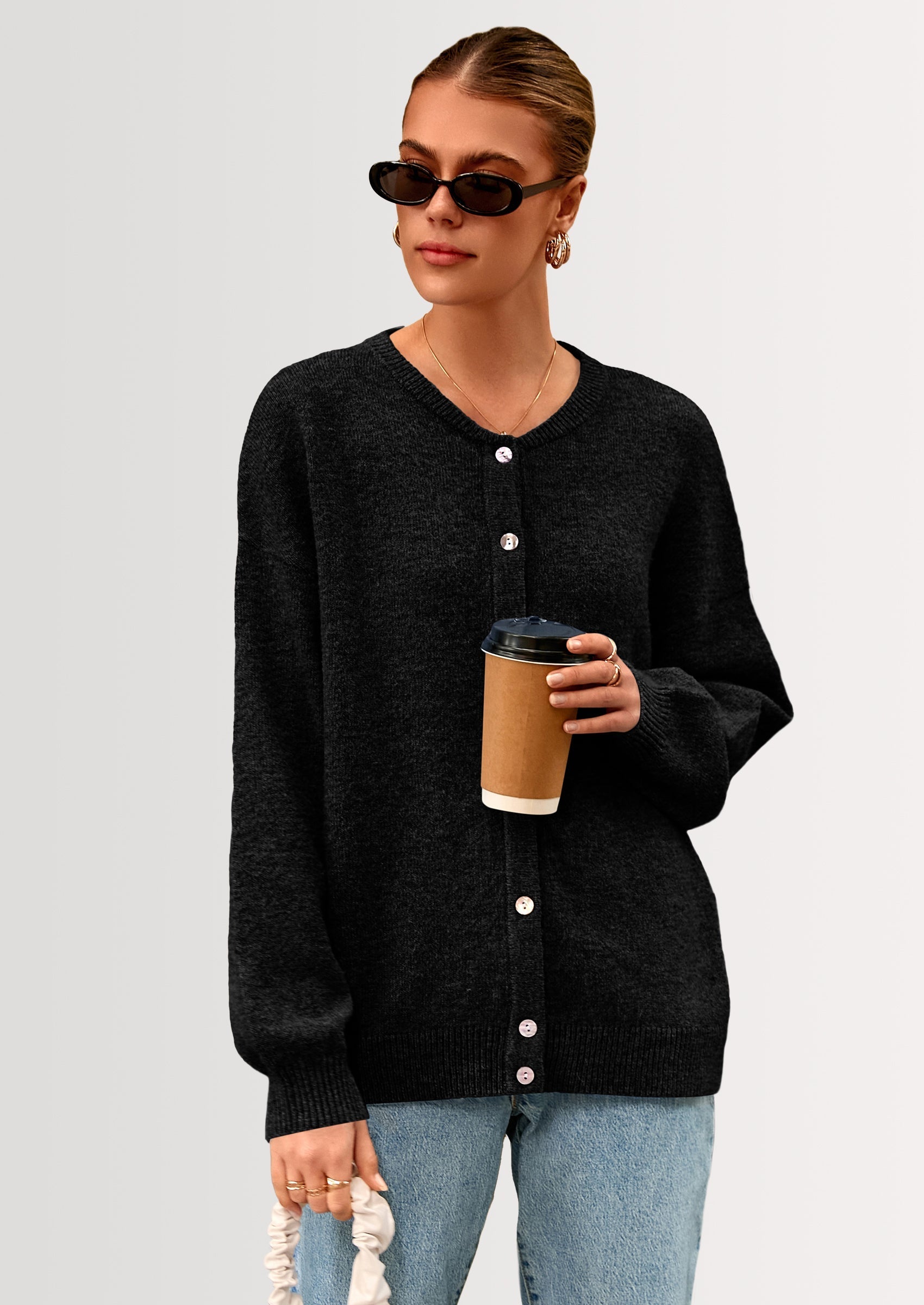 Fall Long Sleeve Cardigans for Women Trendy Open Front Winter Button Down Crewneck Soft Knit Sweater Jacket