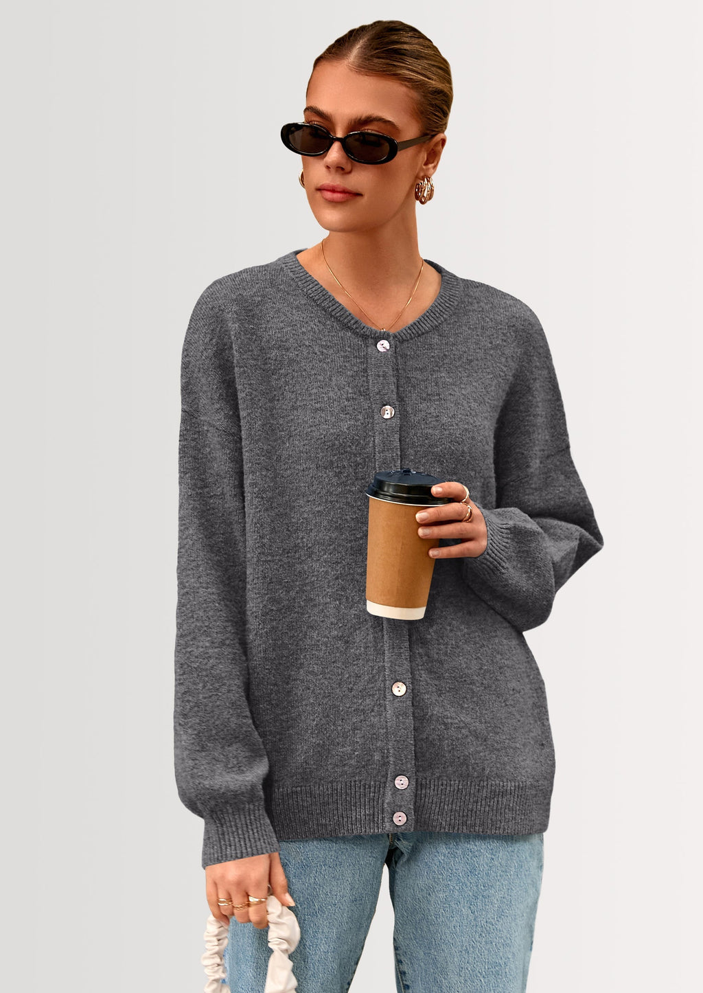 Fall Long Sleeve Cardigans for Women Trendy Open Front Winter Button Down Crewneck Soft Knit Sweater Jacket