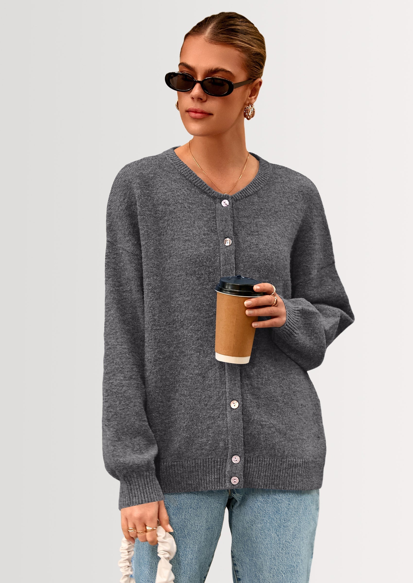 Fall Long Sleeve Cardigans for Women Trendy Open Front Winter Button Down Crewneck Soft Knit Sweater Jacket