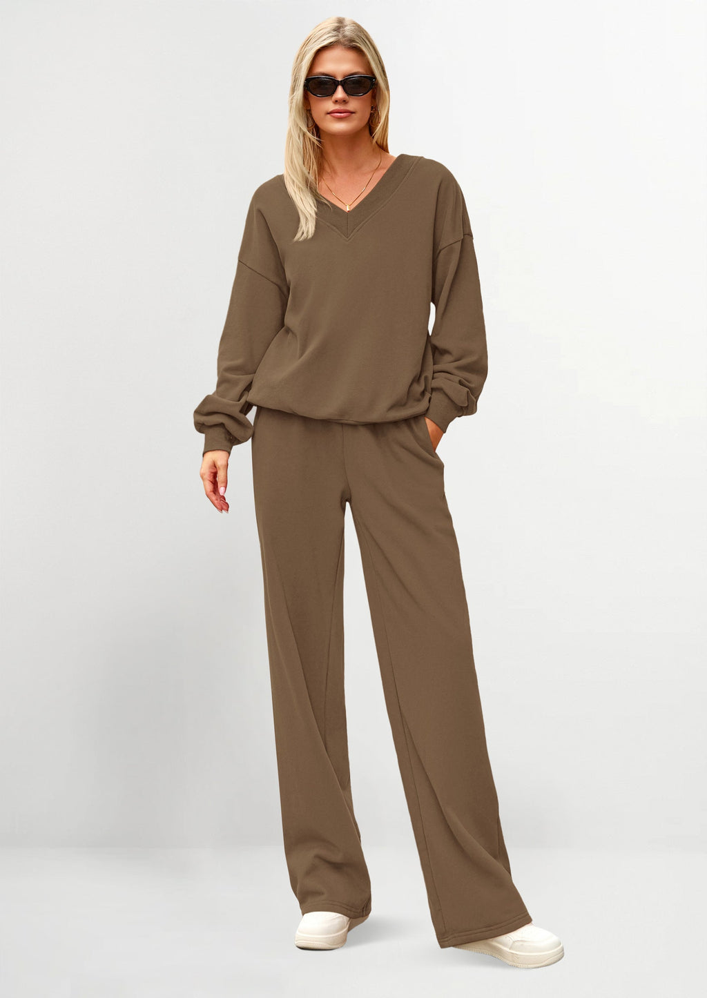 Casual Winter Two Piece Sets for Women V Neck Sweatshirt Loose Wide Leg Pants Tracksuit Knit Fall Outfits