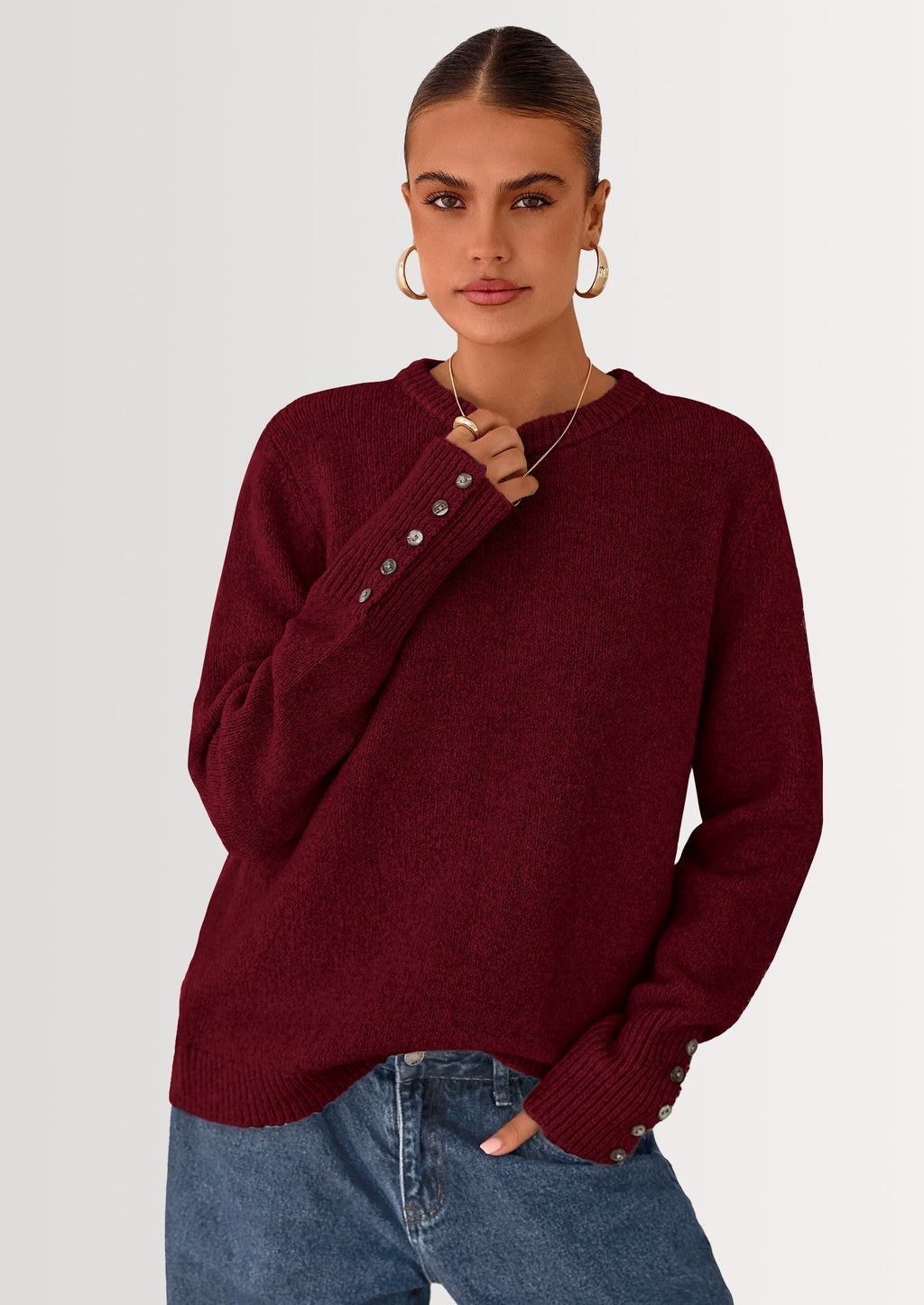 Womens Sweaters Fall Fashion Casual Crewneck Pullover Button Long Sleeve Cute Knit Tops Winter Clothes