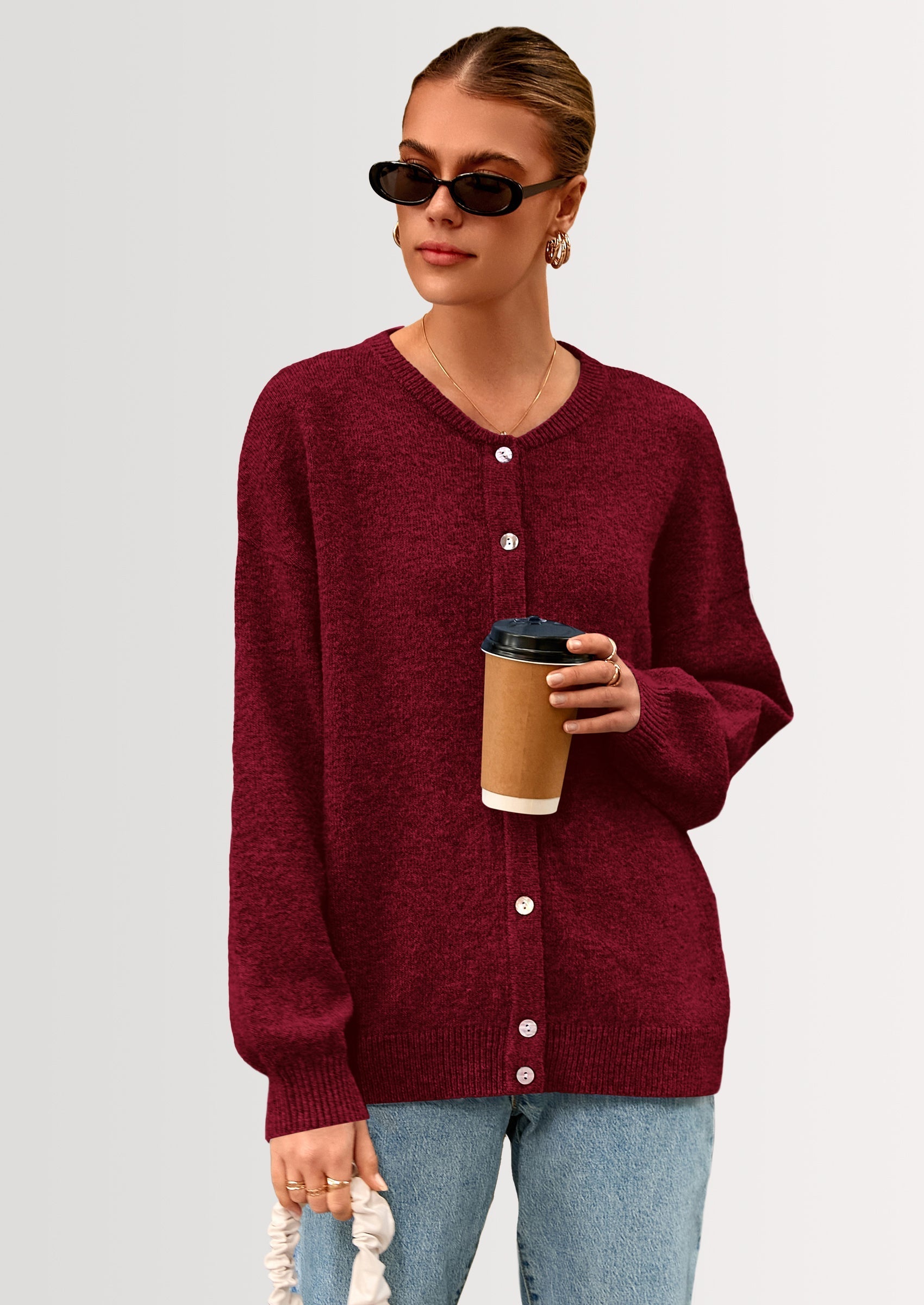 Fall Long Sleeve Cardigans for Women Trendy Open Front Winter Button Down Crewneck Soft Knit Sweater Jacket