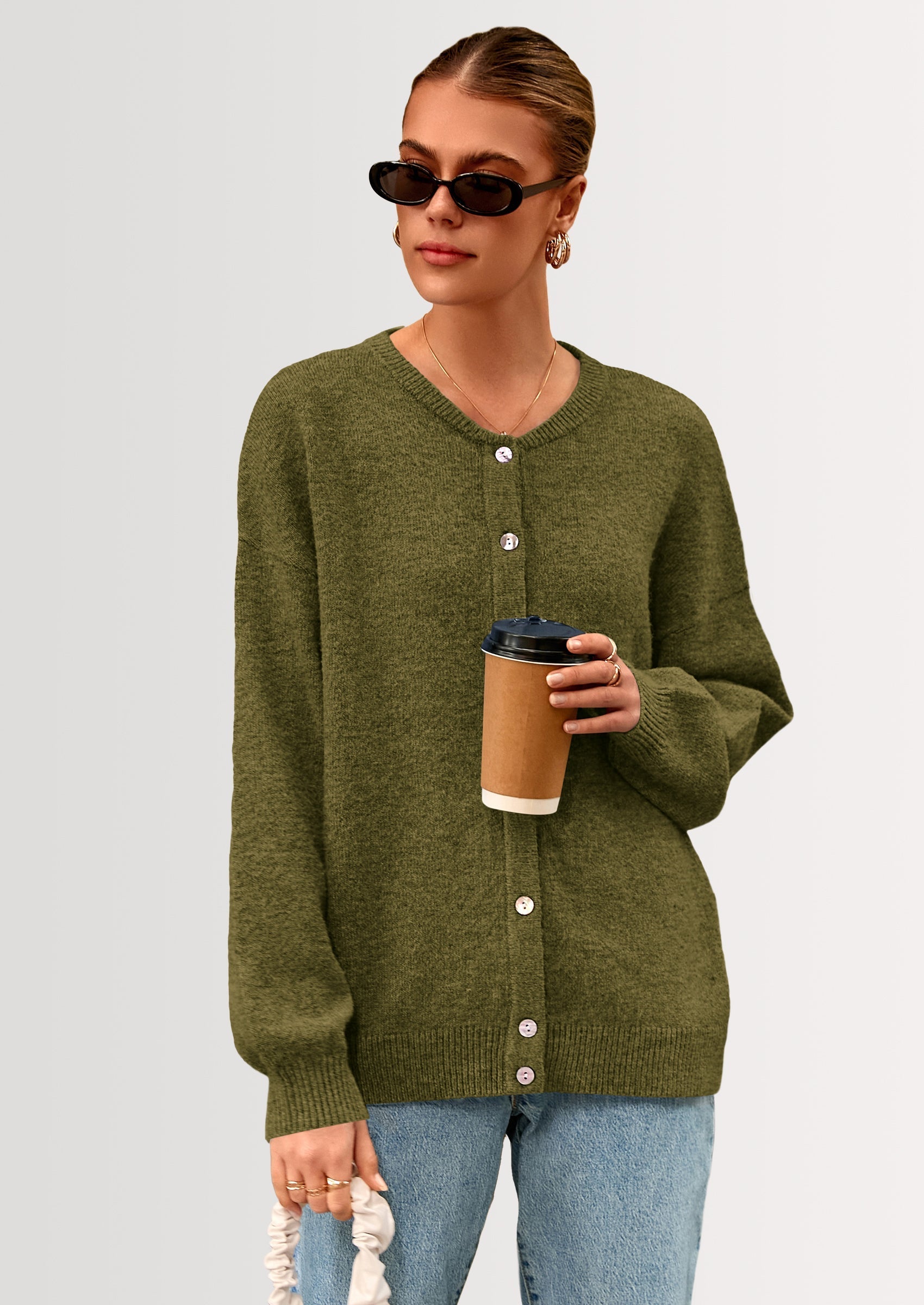 Fall Long Sleeve Cardigans for Women Trendy Open Front Winter Button Down Crewneck Soft Knit Sweater Jacket