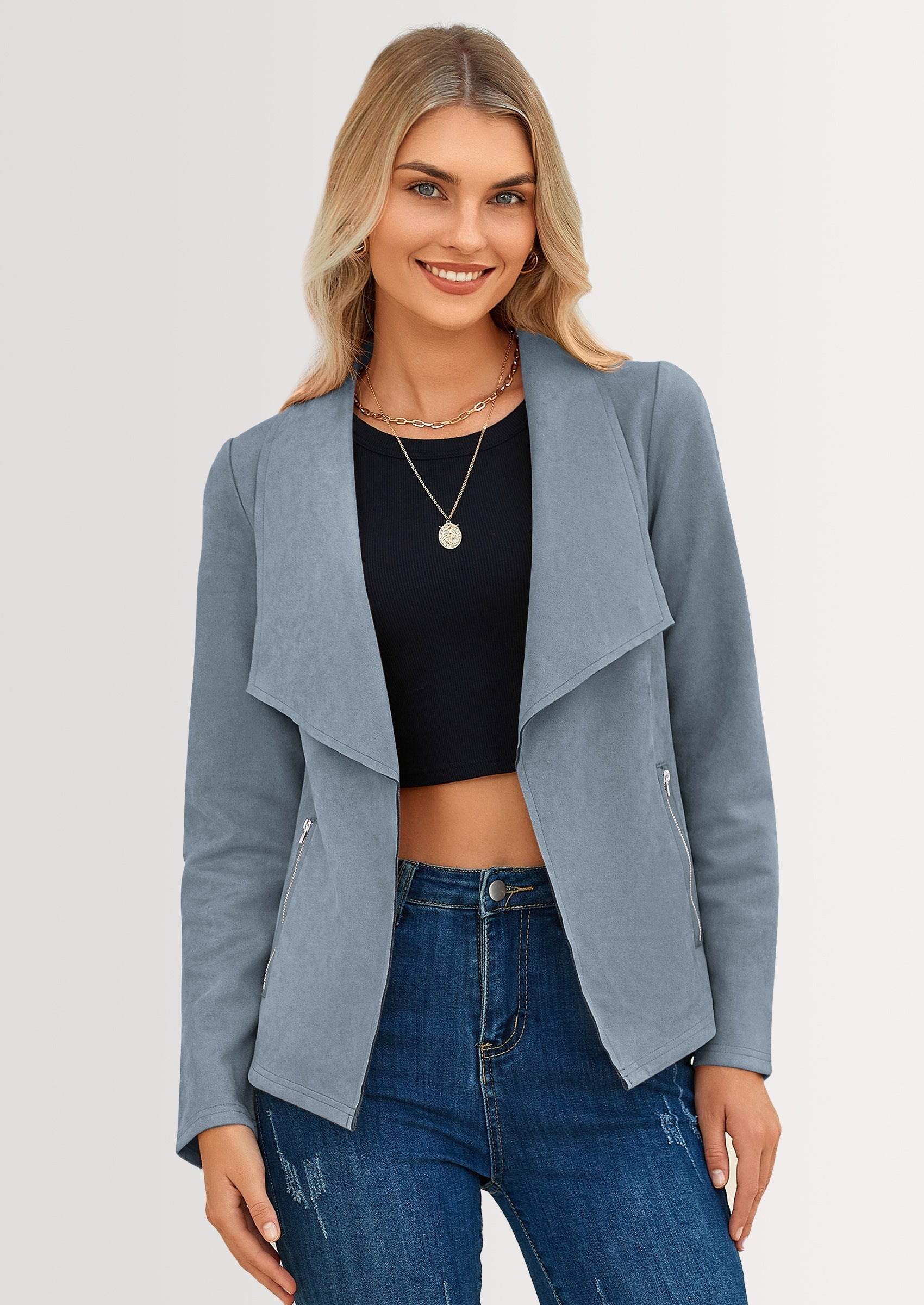 Women's Faux Suede Jackets Fashion Fall Clothes Long Sleeve Open Front Cropped Coat Outwear