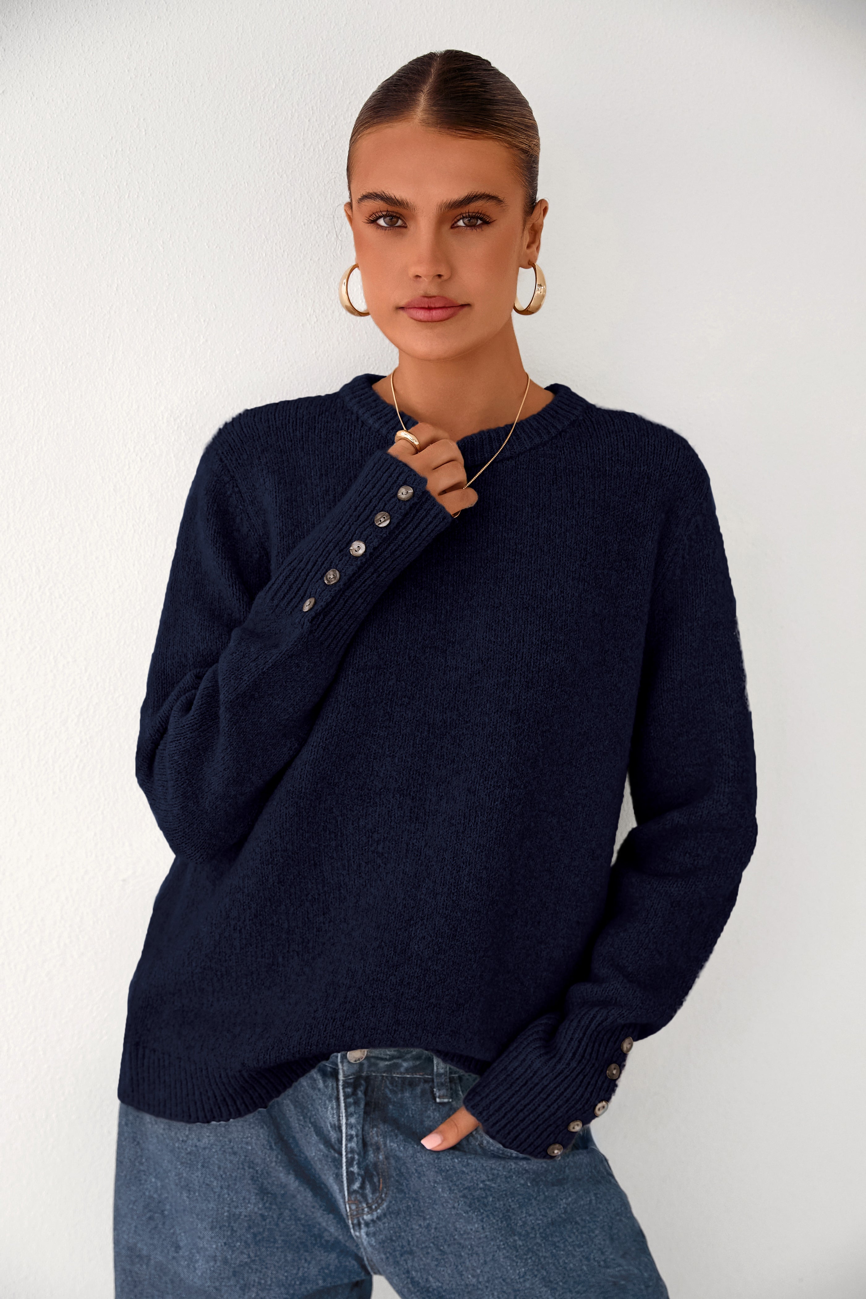 Womens Sweaters Fall Fashion Casual Crewneck Pullover Button Long Sleeve Cute Knit Tops Winter Clothes