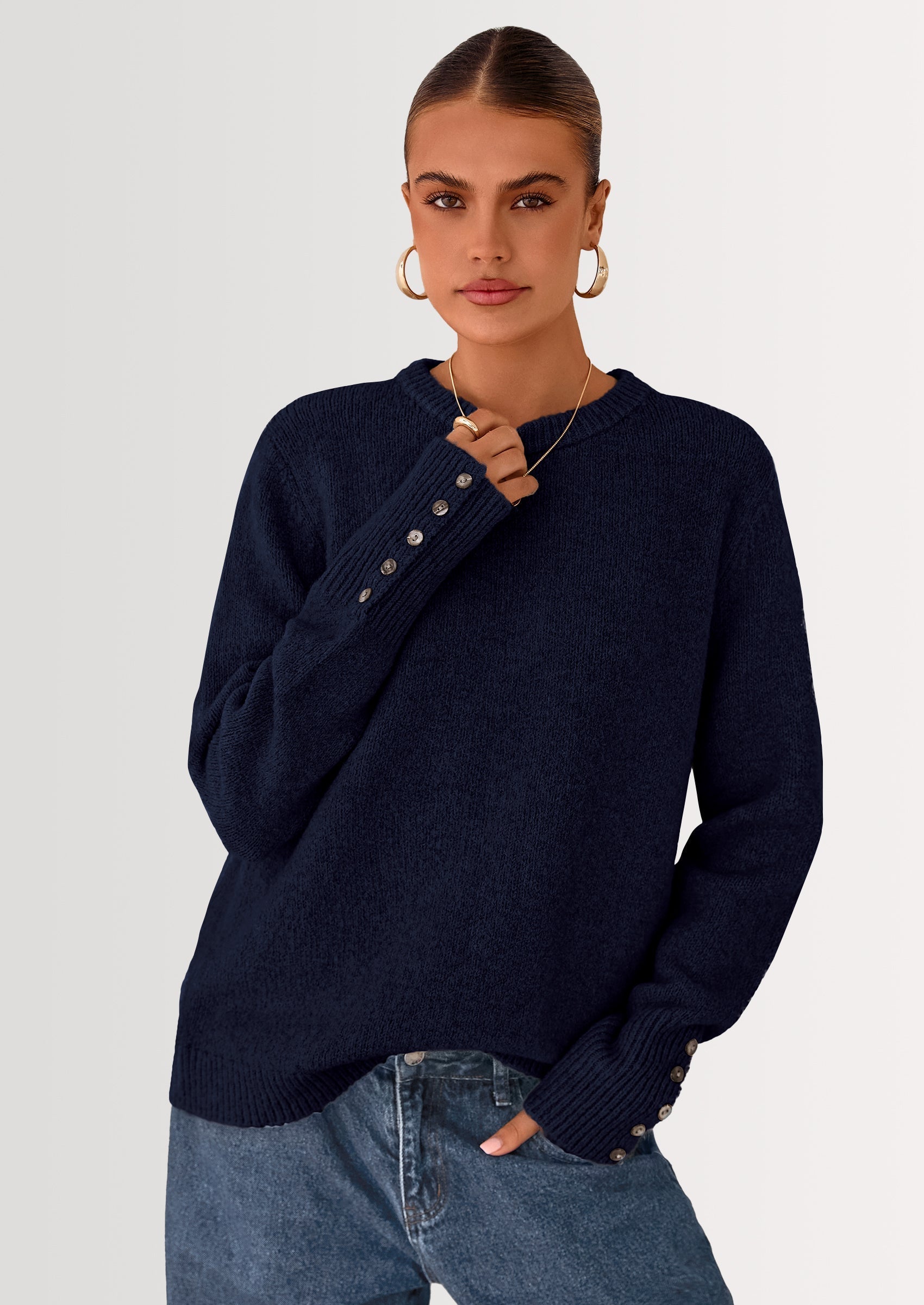 Womens Sweaters Fall Fashion Casual Crewneck Pullover Button Long Sleeve Cute Knit Tops Winter Clothes