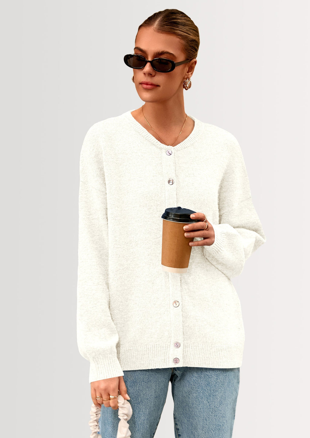 Fall Long Sleeve Cardigans for Women Trendy Open Front Winter Button Down Crewneck Soft Knit Sweater Jacket