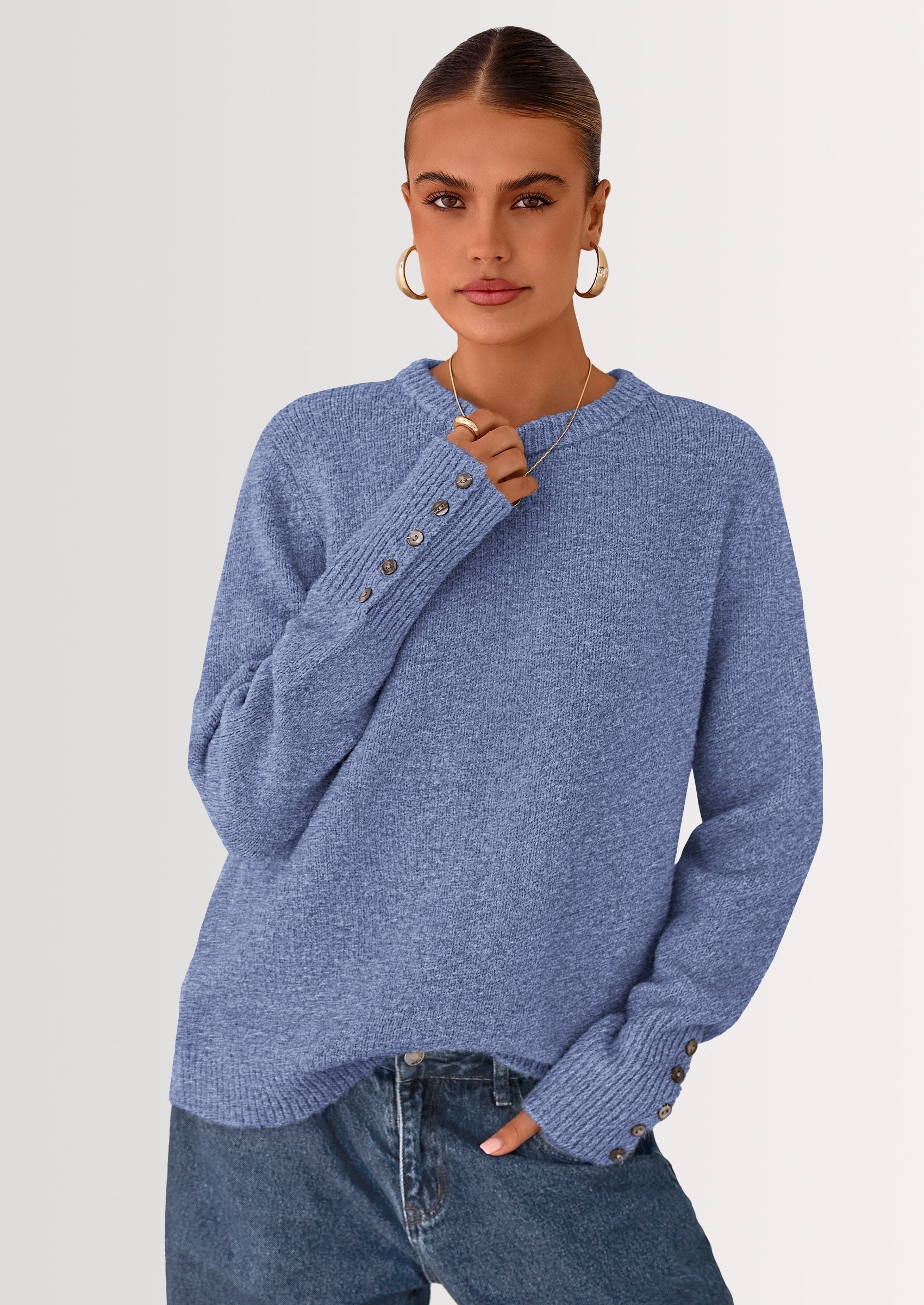 Womens Sweaters Fall Fashion Casual Crewneck Pullover Button Long Sleeve Cute Knit Tops Winter Clothes