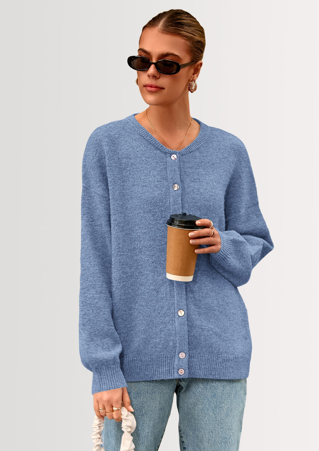 Fall Long Sleeve Cardigans for Women Trendy Open Front Winter Button Down Crewneck Soft Knit Sweater Jacket