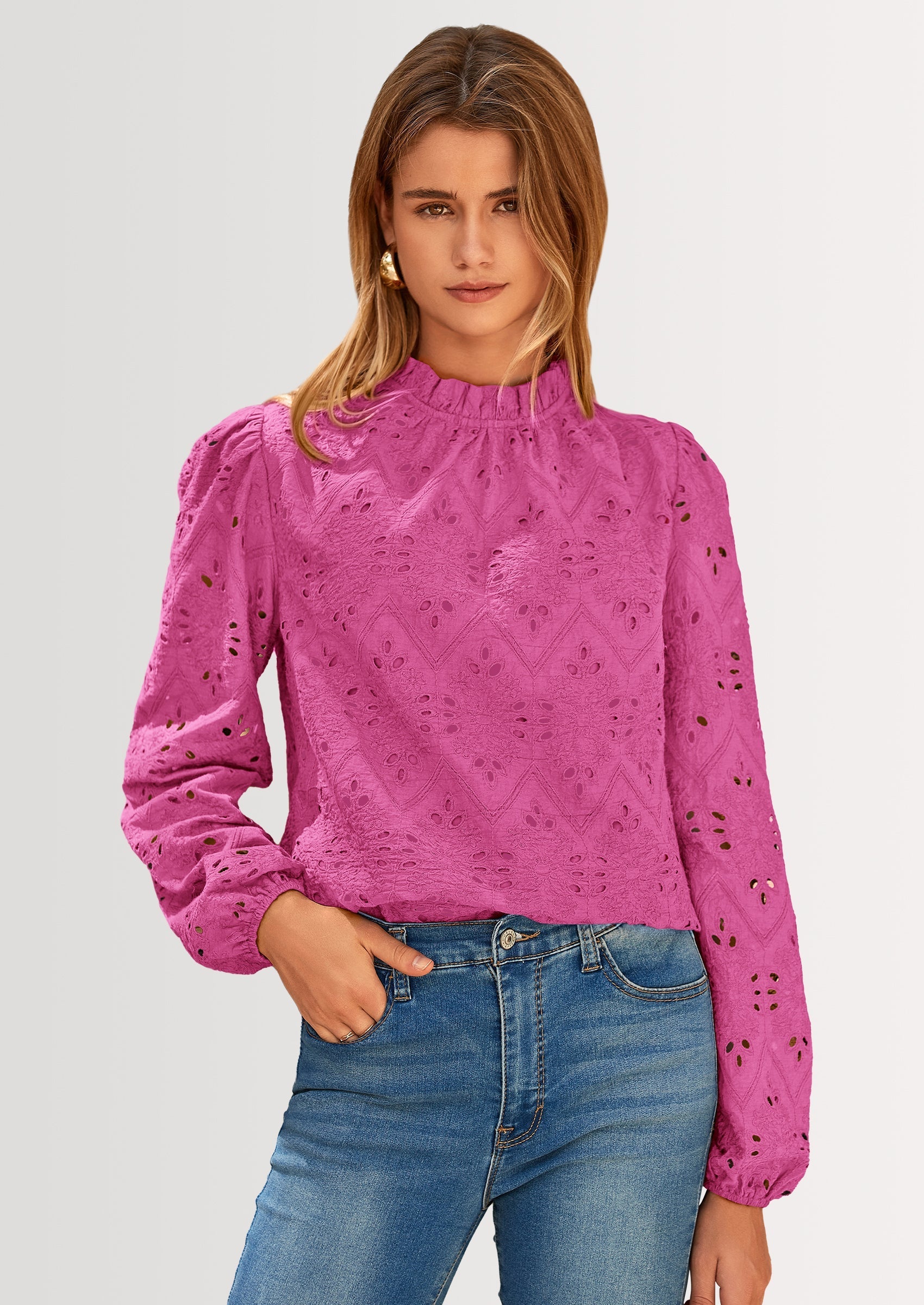 Womens Tops Dressy Casual Spring Long Sleeve Shirts Embroidered Eyelet Blouses Going Out Outfits