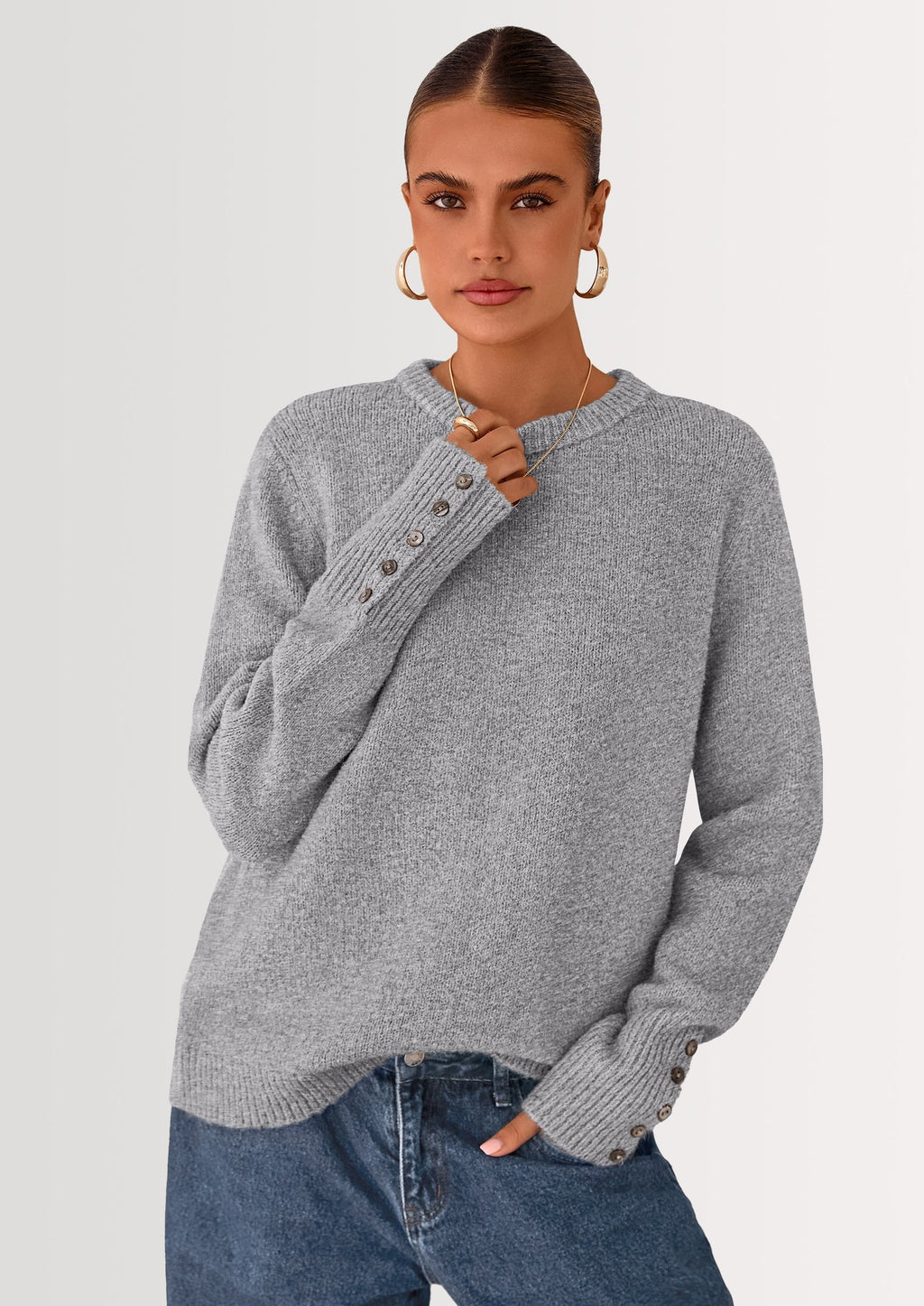 Womens Sweaters Fall Fashion Casual Crewneck Pullover Button Long Sleeve Cute Knit Tops Winter Clothes