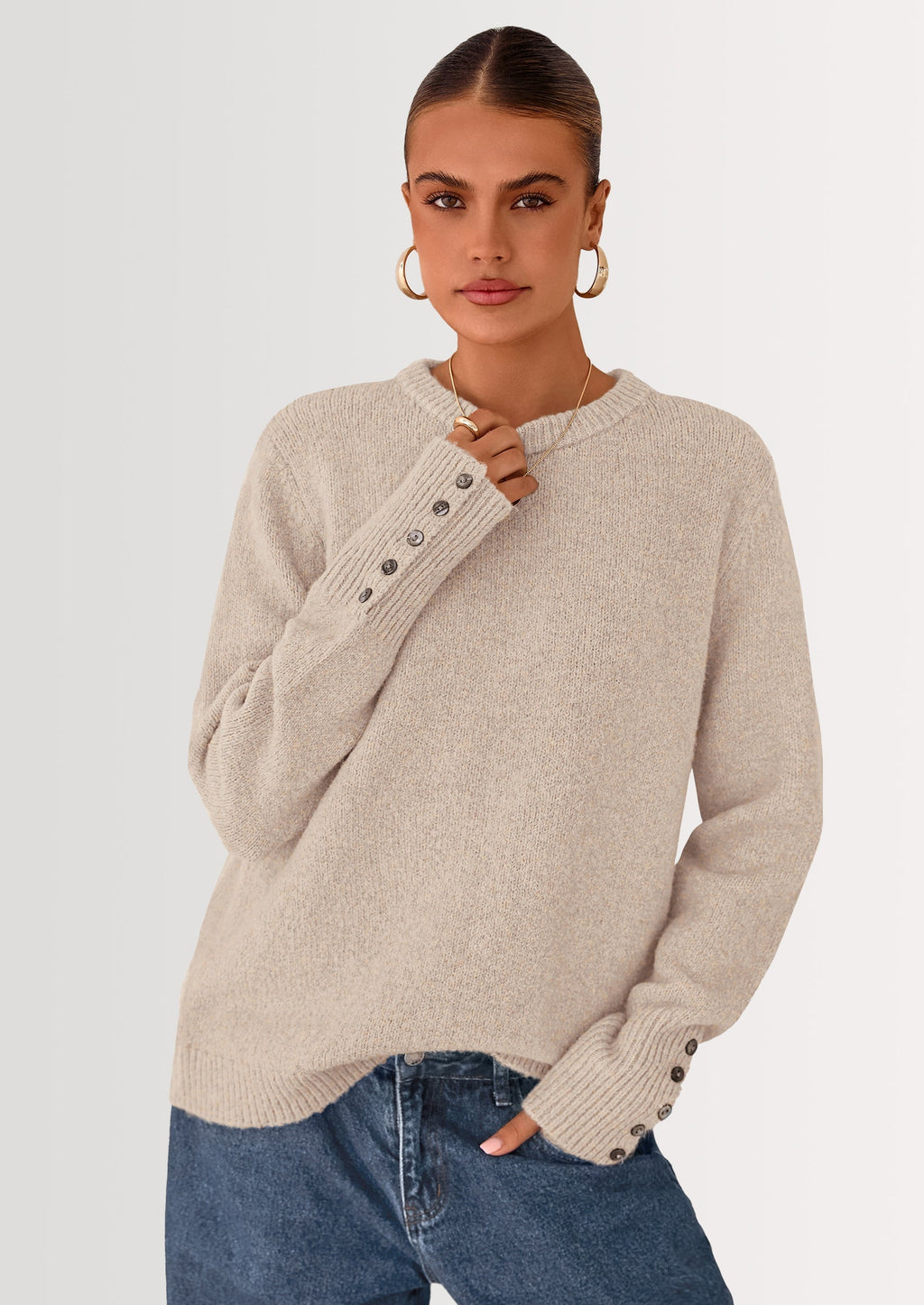 Womens Sweaters Fall Fashion Casual Crewneck Pullover Button Long Sleeve Cute Knit Tops Winter Clothes