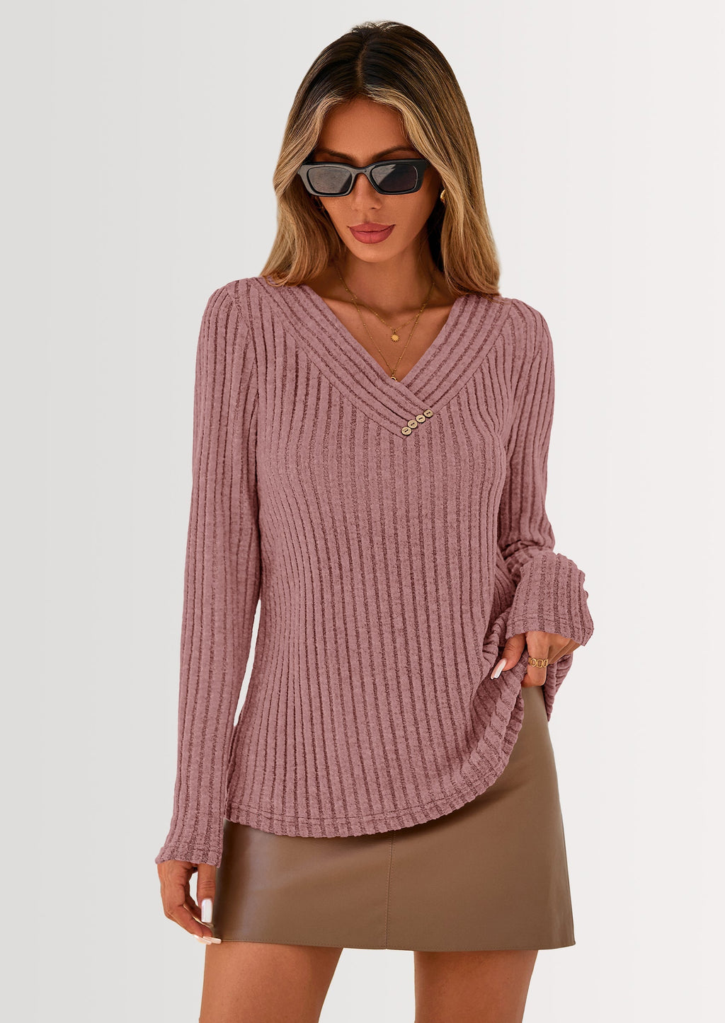 Women's Long Sleeve Shirts Fall Fashion Clothes Casual Ribbed V Neck Loose Tunic Tops Lightweight Sweaters