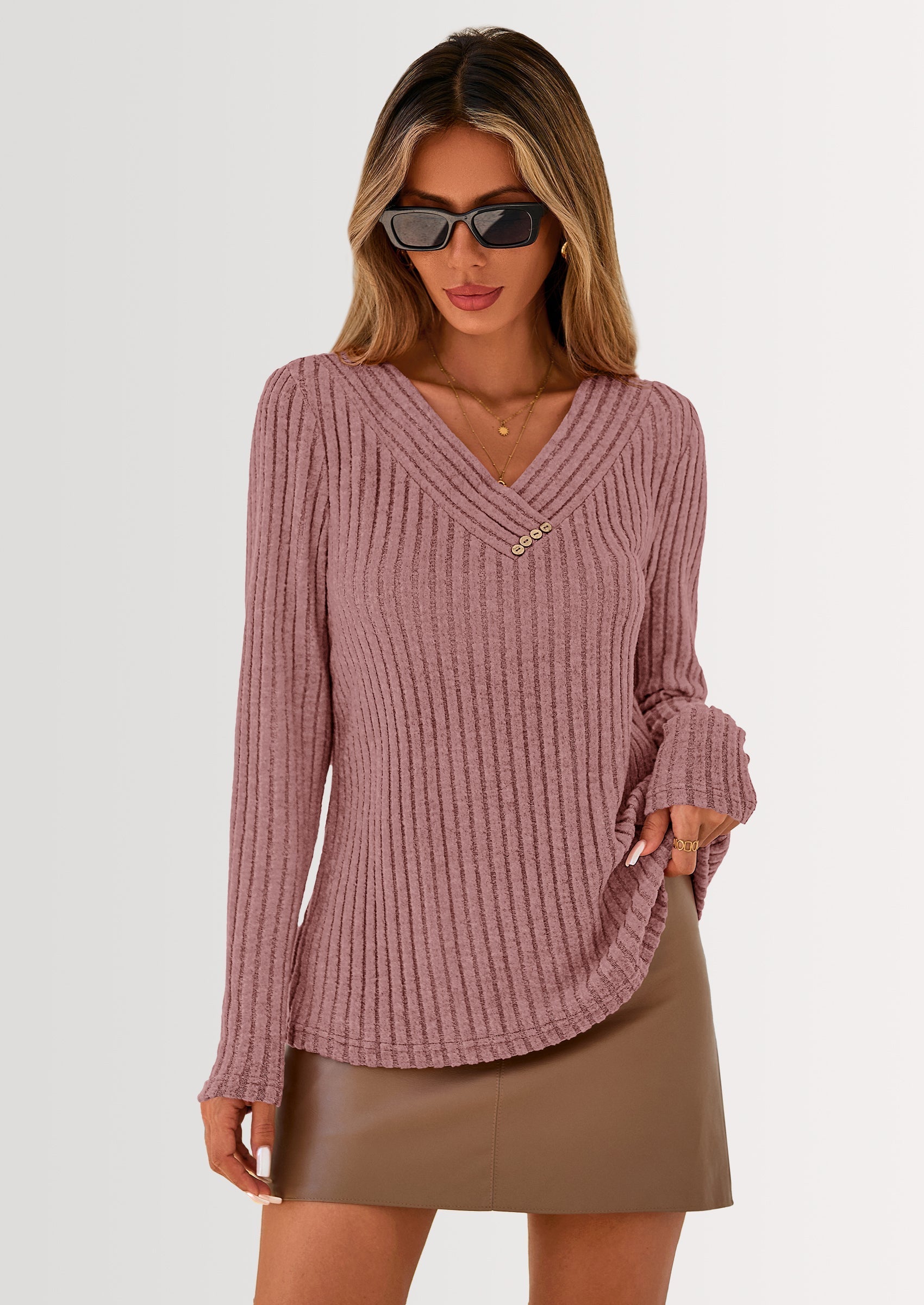 Women's Long Sleeve Shirts Fall Fashion Clothes Casual Ribbed V Neck Loose Tunic Tops Lightweight Sweaters