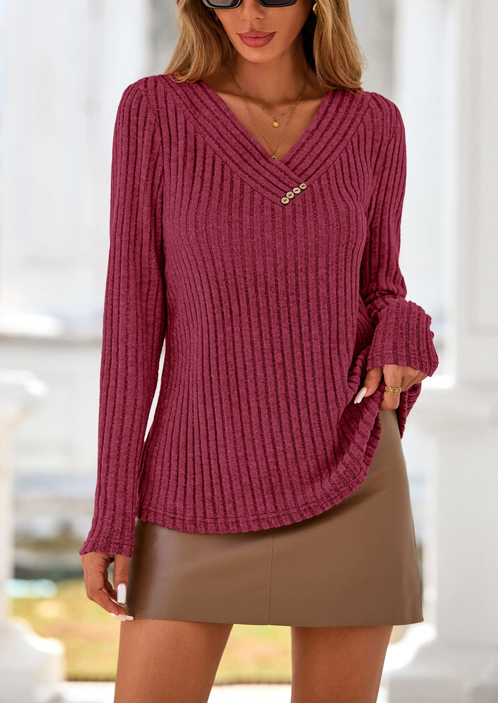 Women's Long Sleeve Shirts Fall Fashion Clothes Casual Ribbed V Neck Loose Tunic Tops Lightweight Sweaters