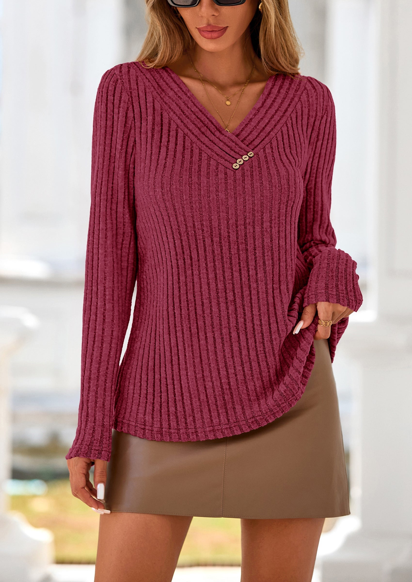 Women's Long Sleeve Shirts Fall Fashion Clothes Casual Ribbed V Neck Loose Tunic Tops Lightweight Sweaters