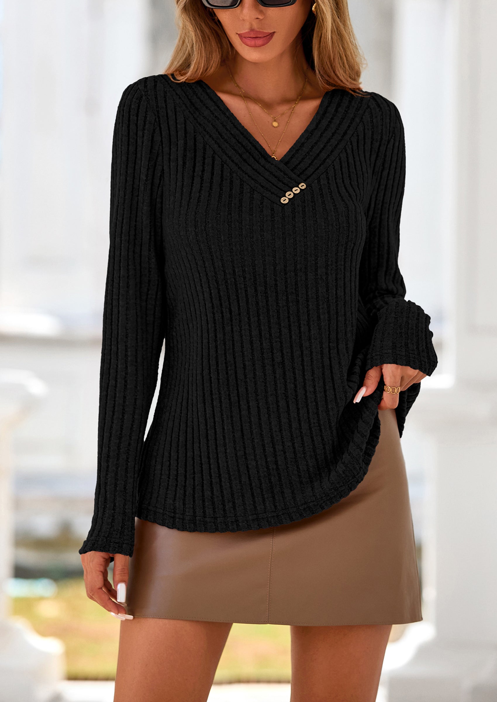 Women's Long Sleeve Shirts Fall Fashion Clothes Casual Ribbed V Neck Loose Tunic Tops Lightweight Sweaters