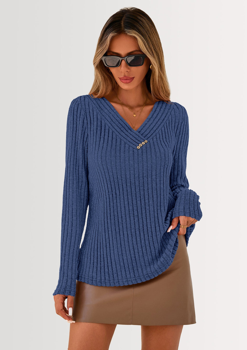 Women's Long Sleeve Shirts Fall Fashion Clothes Casual Ribbed V Neck Loose Tunic Tops Lightweight Sweaters