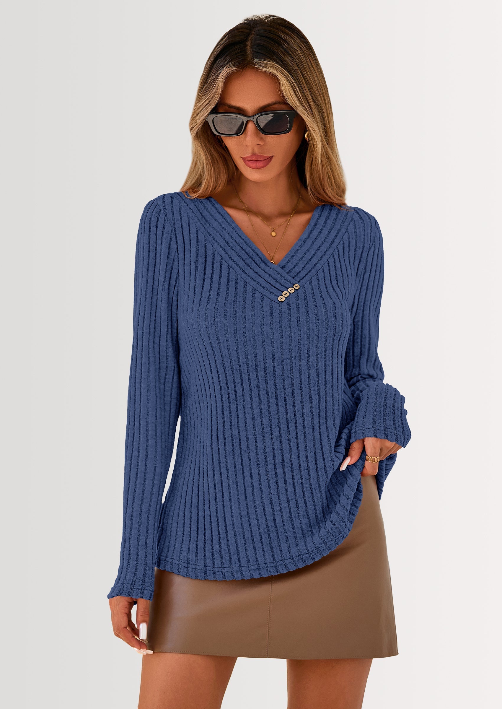Women's Long Sleeve Shirts Fall Fashion Clothes Casual Ribbed V Neck Loose Tunic Tops Lightweight Sweaters