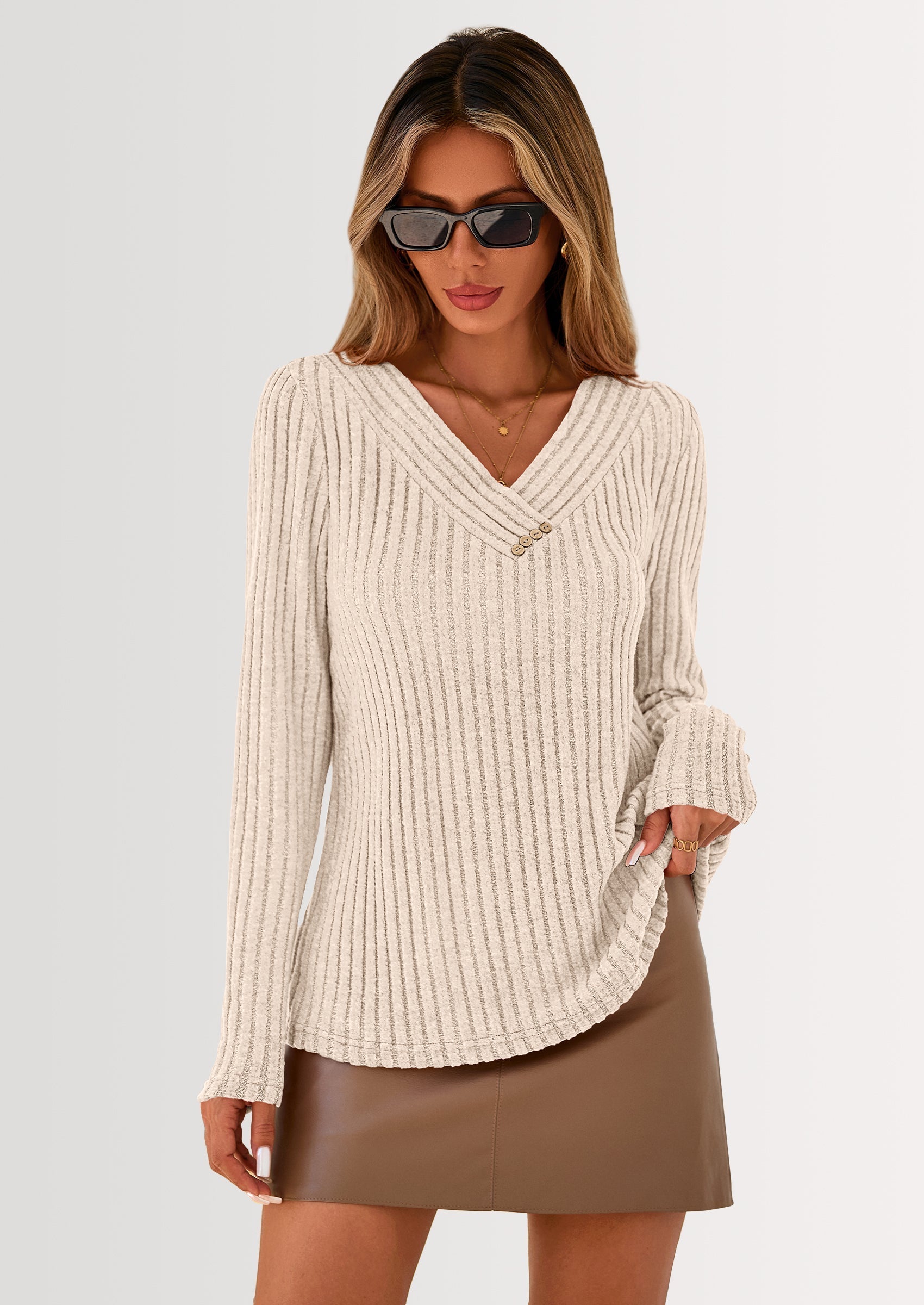 Women's Long Sleeve Shirts Fall Fashion Clothes Casual Ribbed V Neck Loose Tunic Tops Lightweight Sweaters