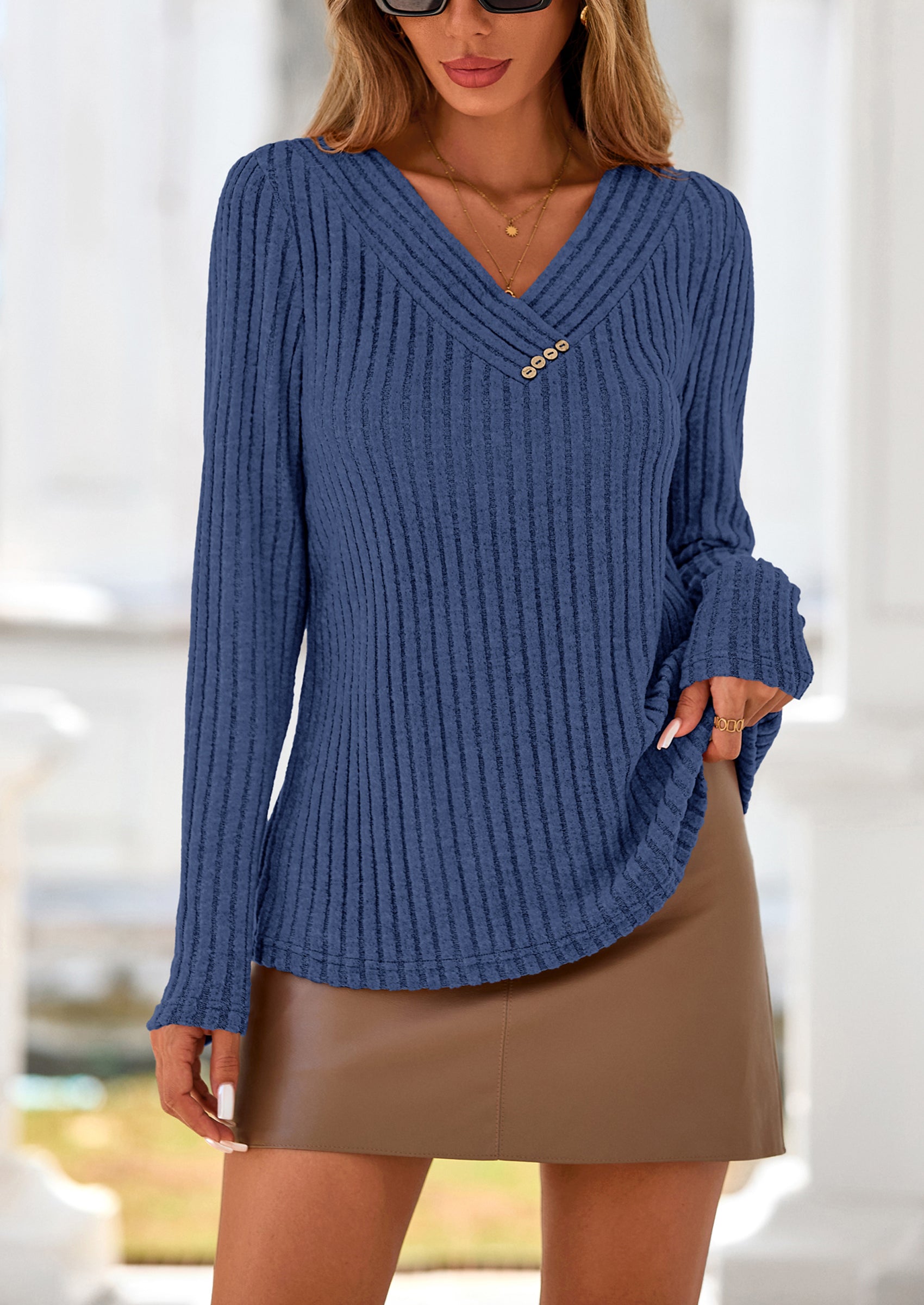 Women's Long Sleeve Shirts Fall Fashion Clothes Casual Ribbed V Neck Loose Tunic Tops Lightweight Sweaters