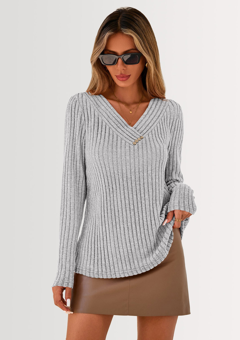 Women's Long Sleeve Shirts Fall Fashion Clothes Casual Ribbed V Neck Loose Tunic Tops Lightweight Sweaters