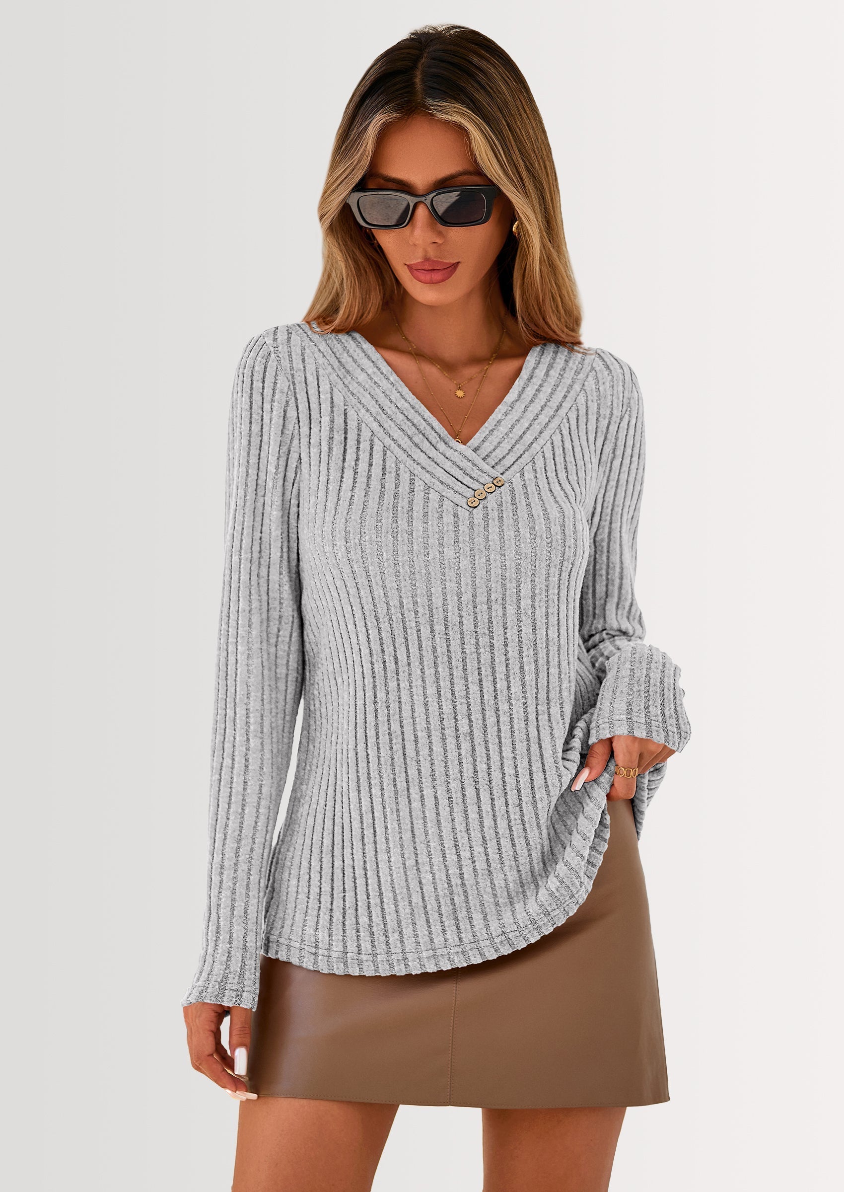 Women's Long Sleeve Shirts Fall Fashion Clothes Casual Ribbed V Neck Loose Tunic Tops Lightweight Sweaters