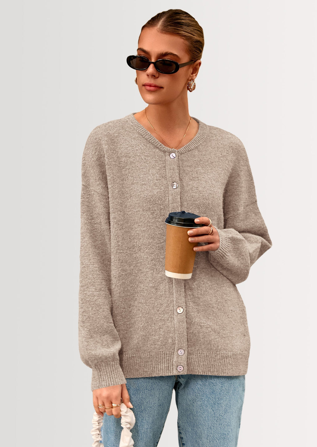 Fall Long Sleeve Cardigans for Women Trendy Open Front Winter Button Down Crewneck Soft Knit Sweater Jacket