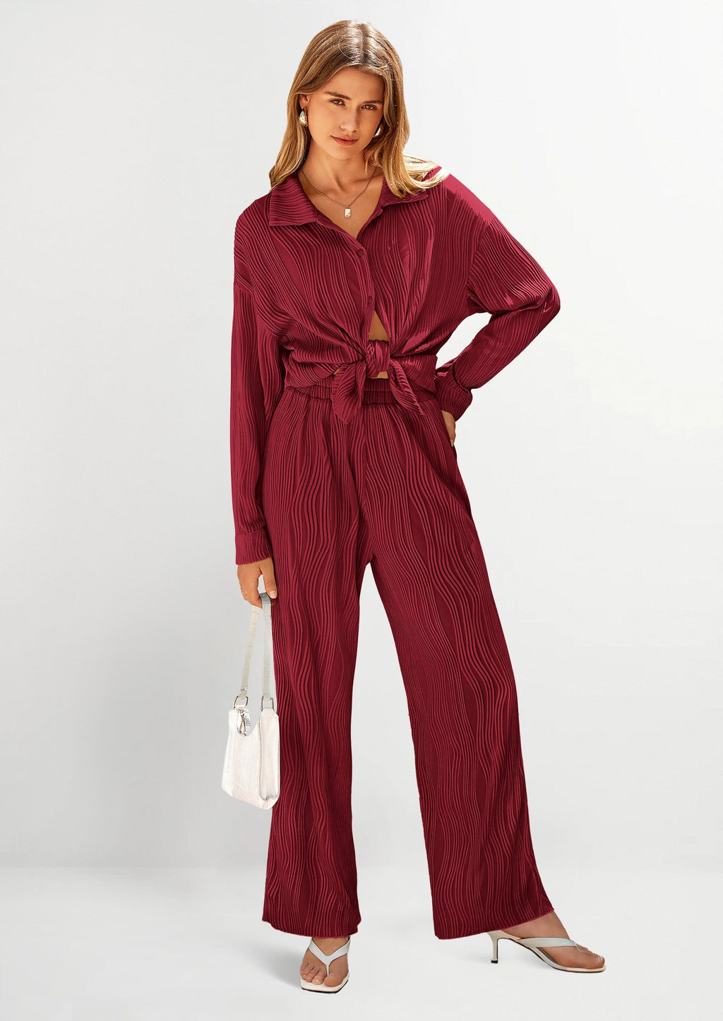 2 Piece Textured Sets Casual Button Down Shirt Wide Leg Pants Outfit Loungewear Tracksuit