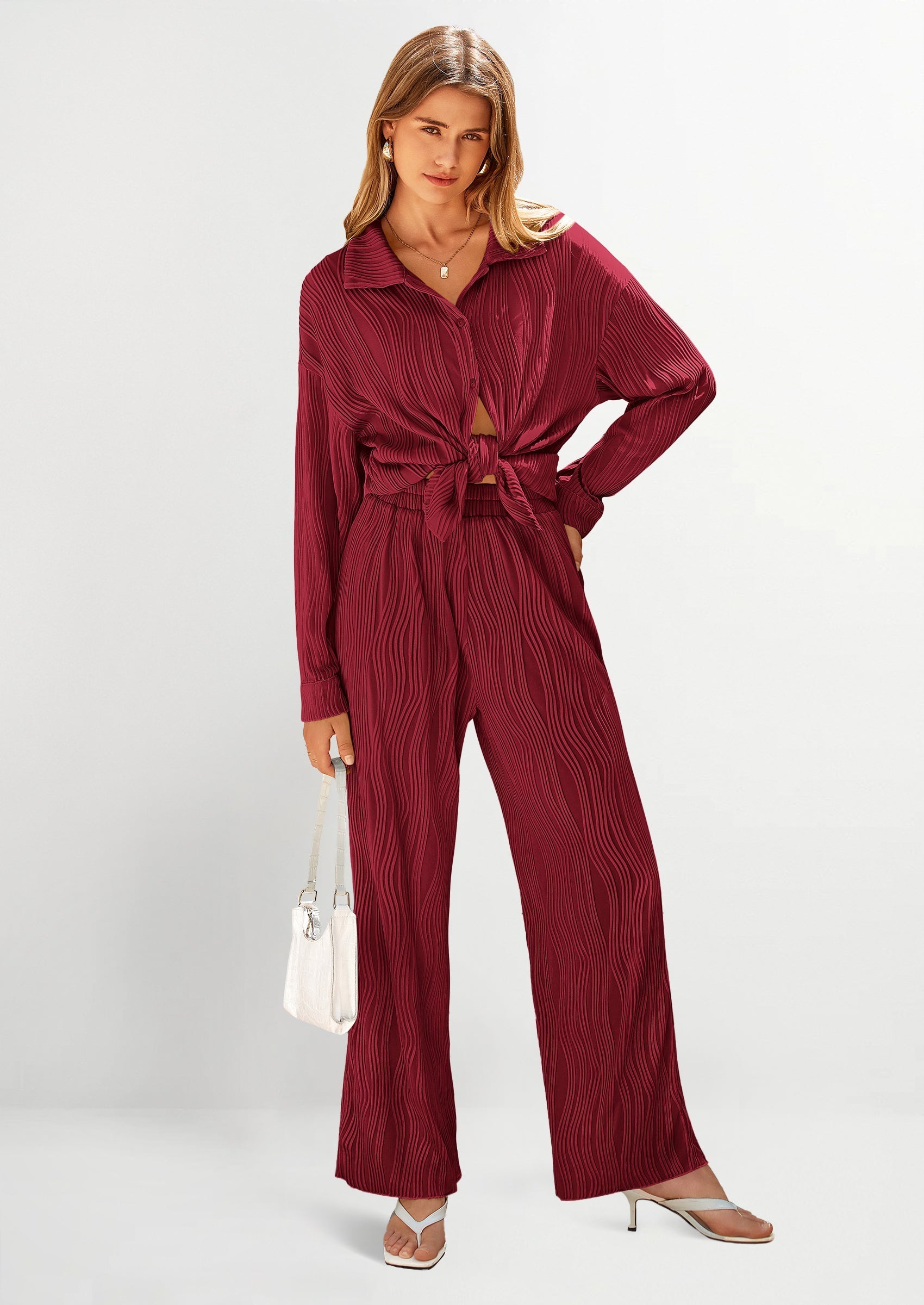 2 Piece Textured Sets Casual Button Down Shirt Wide Leg Pants Outfit Loungewear Tracksuit