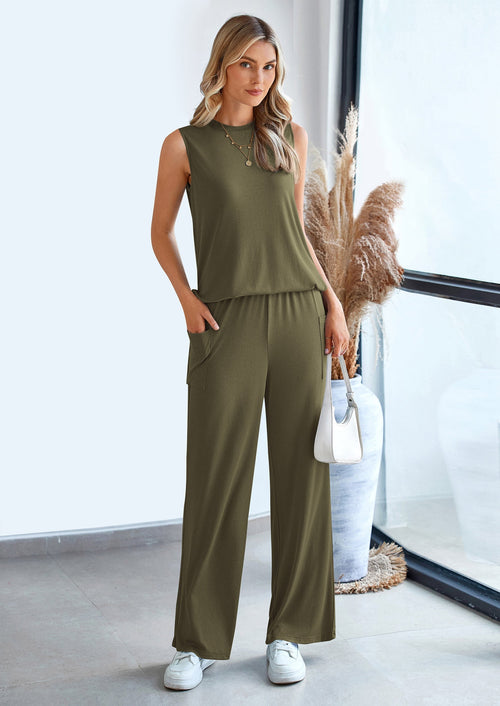 2 Piece Set Loose Tank Top Wide Leg Pants Casual Matching Outfits Tracksuit