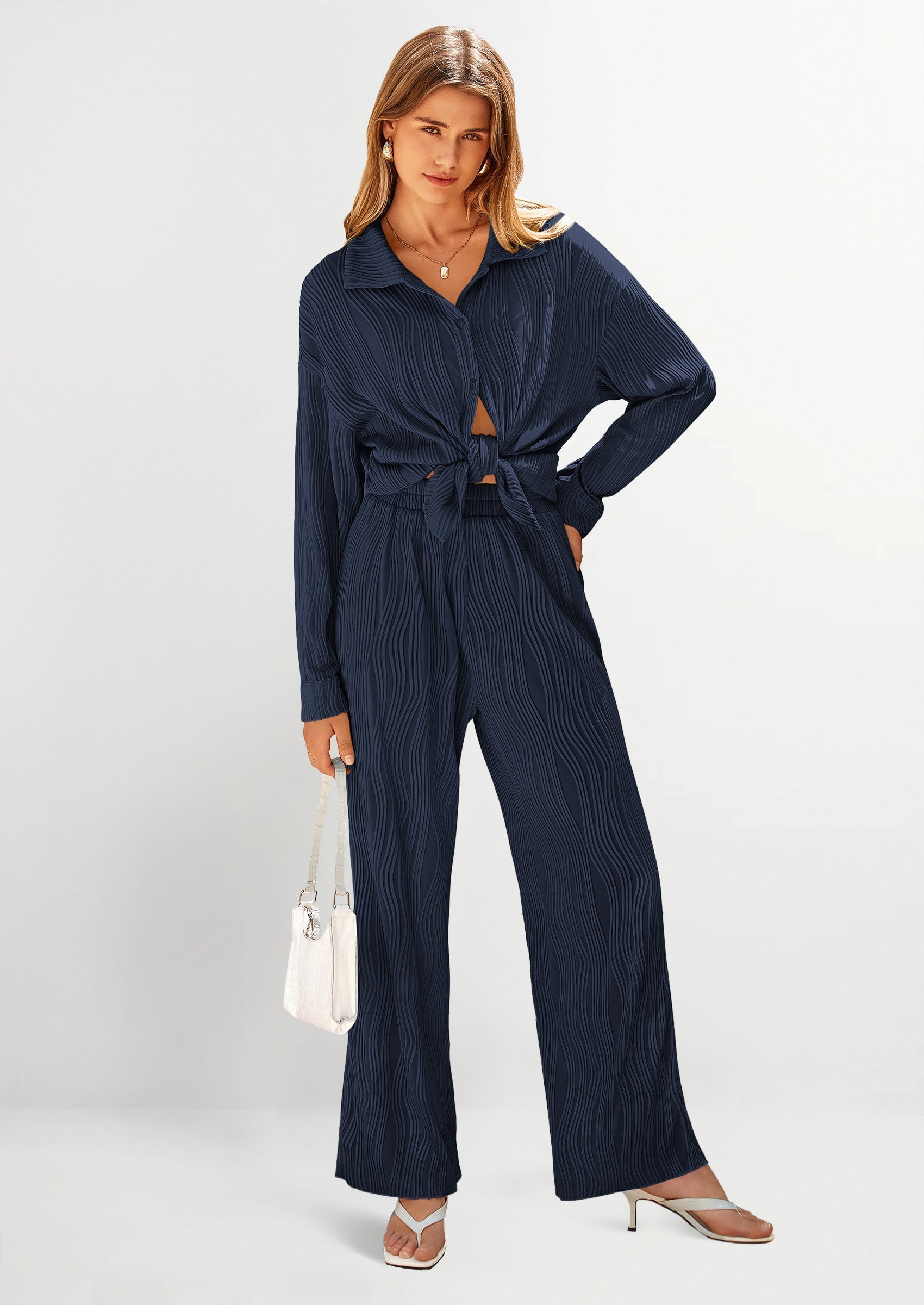 2 Piece Textured Sets Casual Button Down Shirt Wide Leg Pants Outfit Loungewear Tracksuit