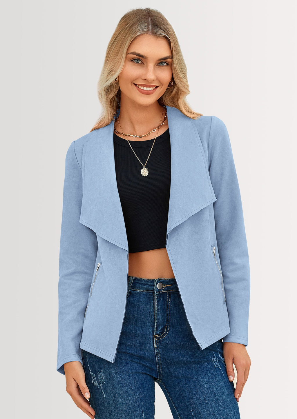 Women's Faux Suede Jackets Fashion Fall Clothes Long Sleeve Open Front Cropped Coat Outwear