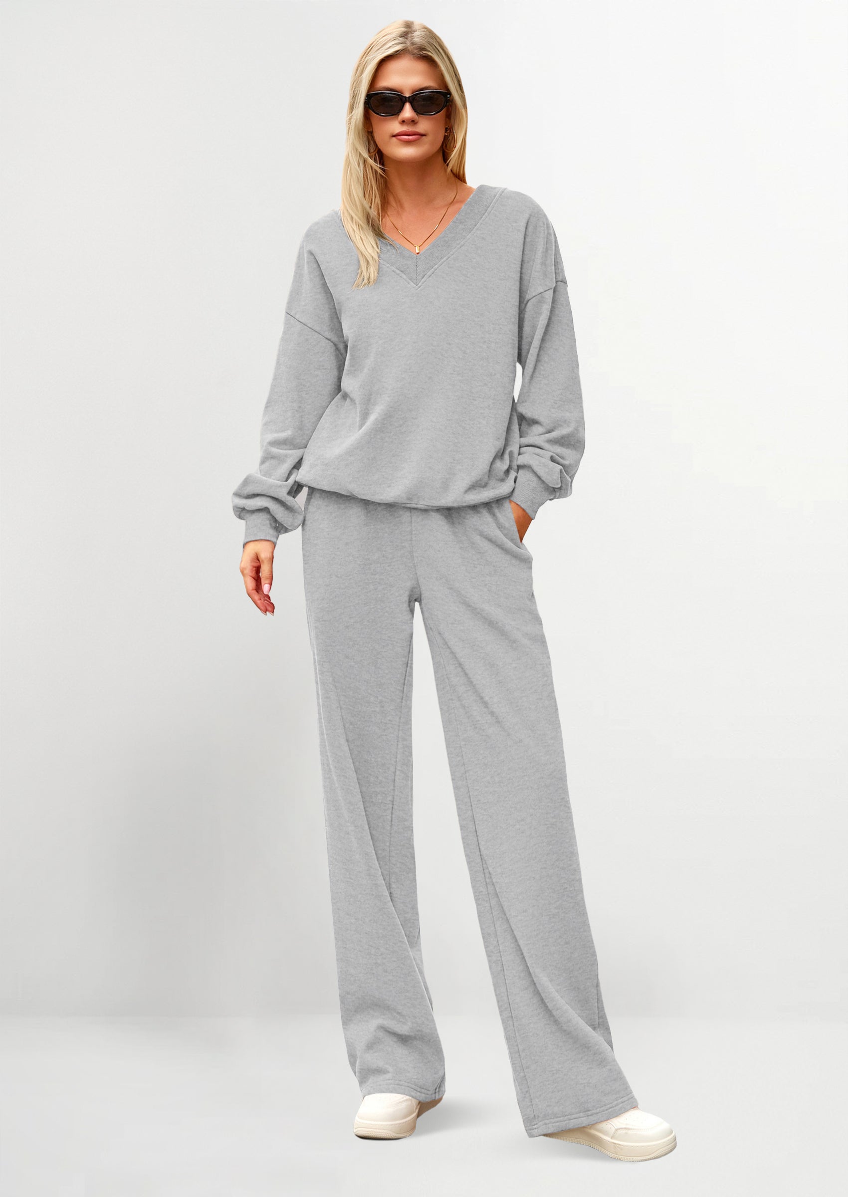 Casual Winter Two Piece Sets for Women V Neck Sweatshirt Loose Wide Leg Pants Tracksuit Knit Fall Outfits